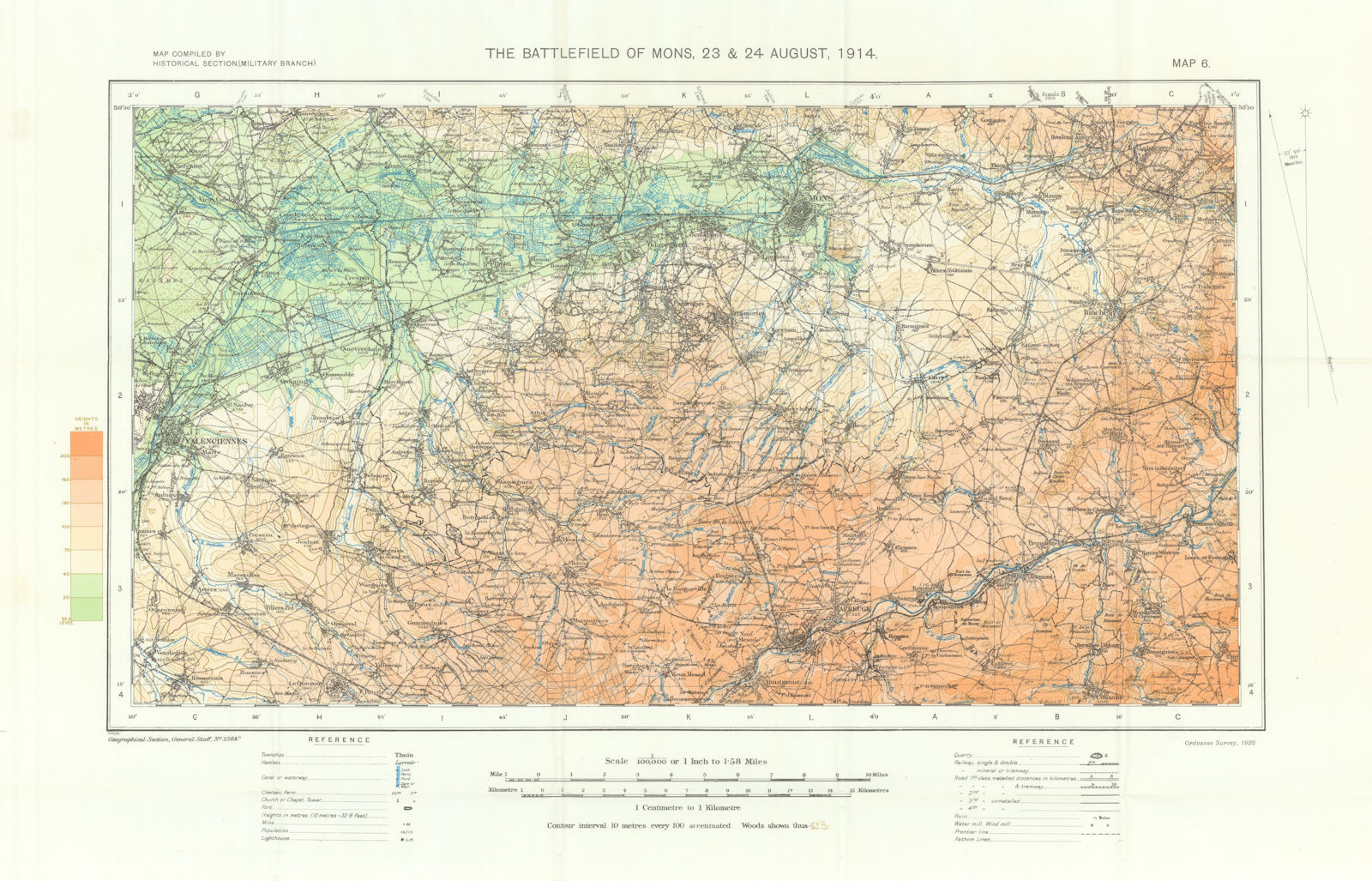 The Mons battlefield, 23-24 August 1914. First World War. 1933 old vintage map