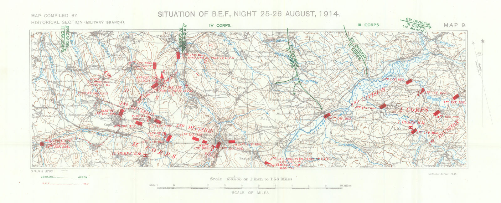 B.E.F. Situation 25-26 August, 1914. Battle of Le Cateau. WW1. 1933 old map