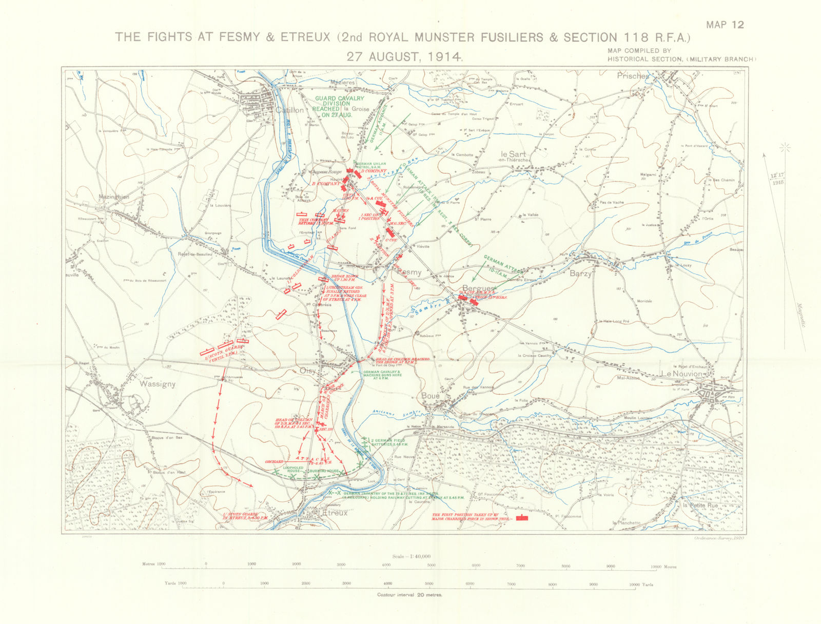 Battle of Étreux, 27 August 1914. 2nd Royal Munster Fusiliers. WW1. 1933 map