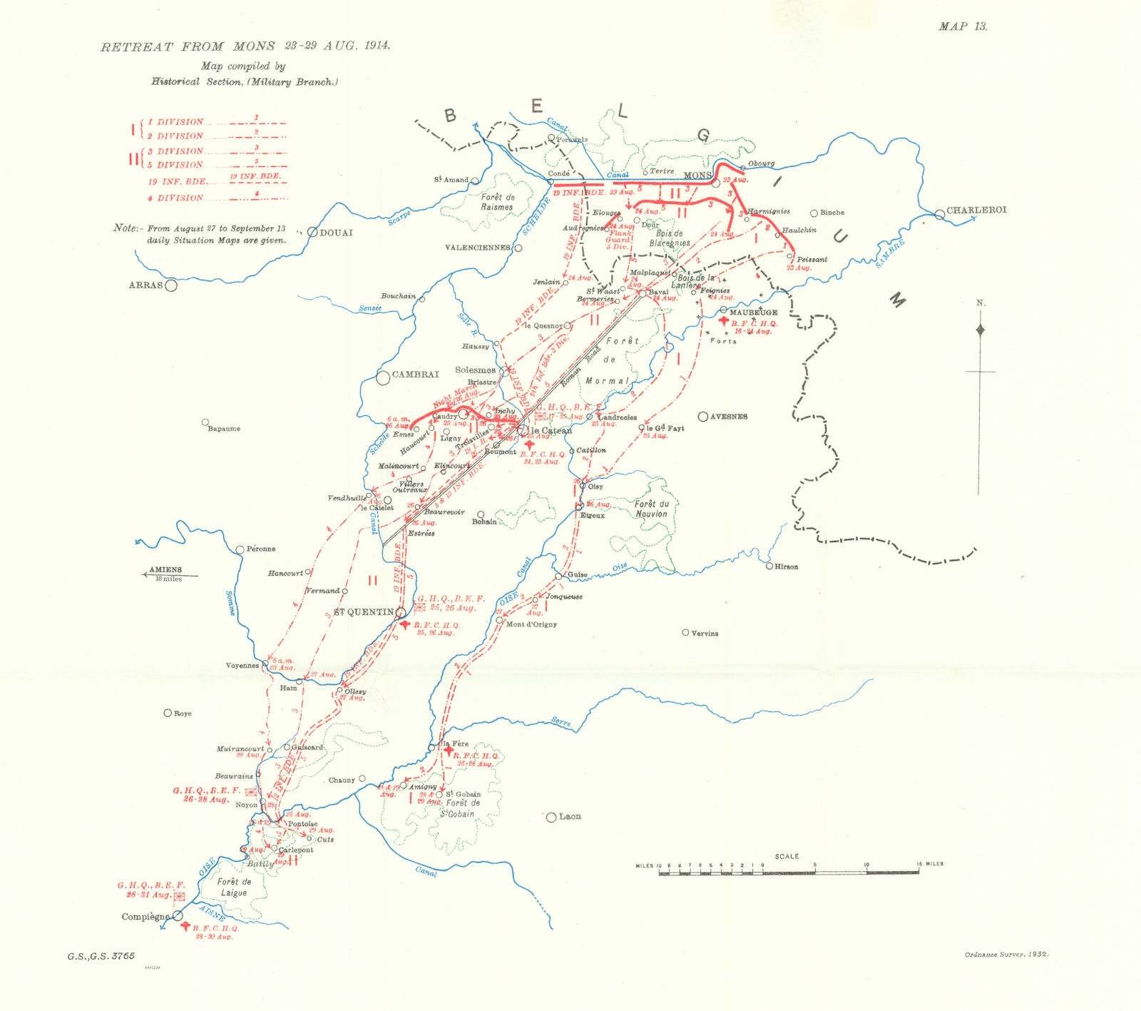 Retreat from Mons 23-29 Aug. 1914. Battle of Mons. First World War. 1933 map