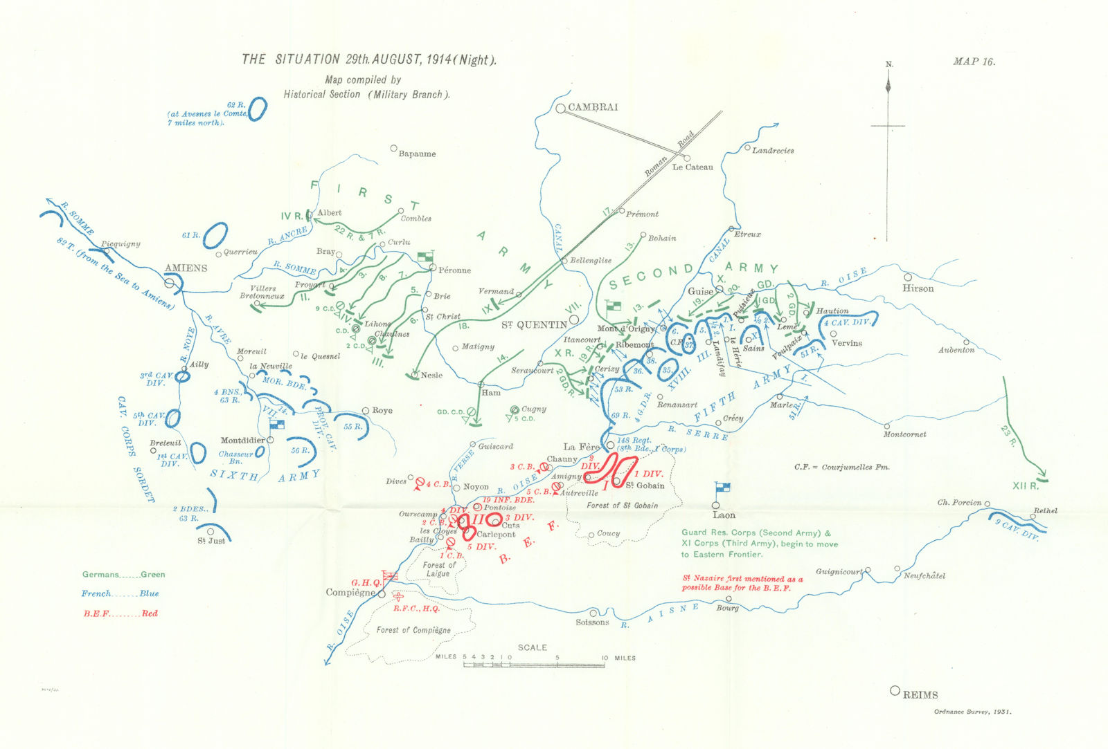 Great Retreat. Western Front 29th August 1914 night. First World War. 1933 map