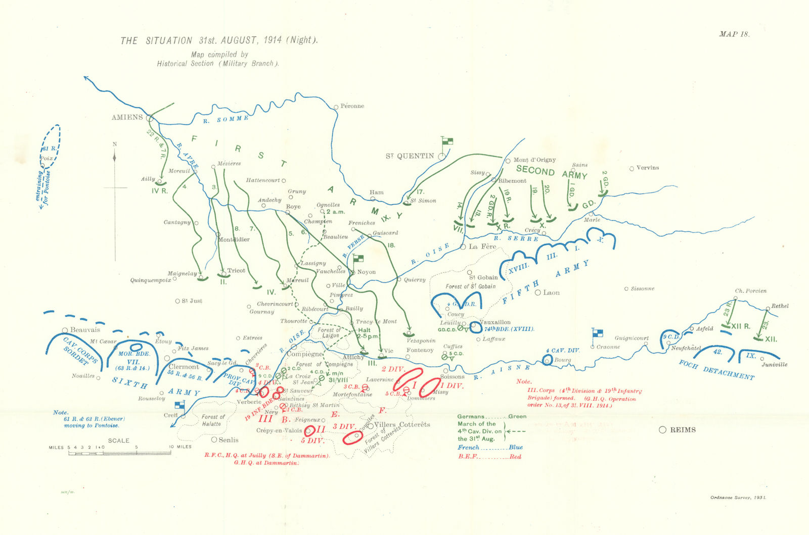 Great Retreat. Western Front 31st August 1914 night. First World War. 1933 map