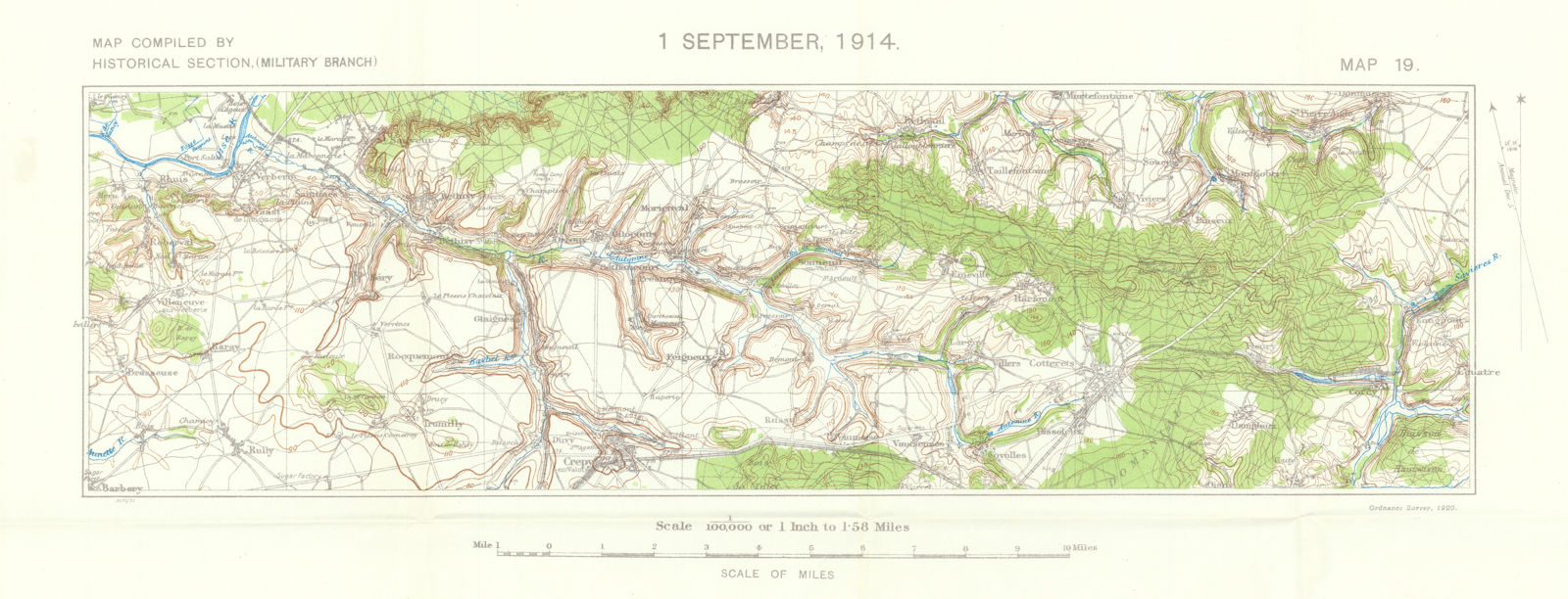1st September, 1914. Western Front. First World War. 1933 old vintage map