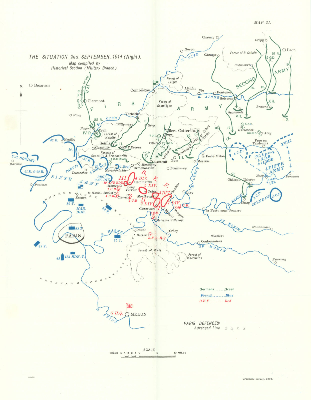 Great Retreat. Western Front 2nd September 1914 night. First World War. 1933 map