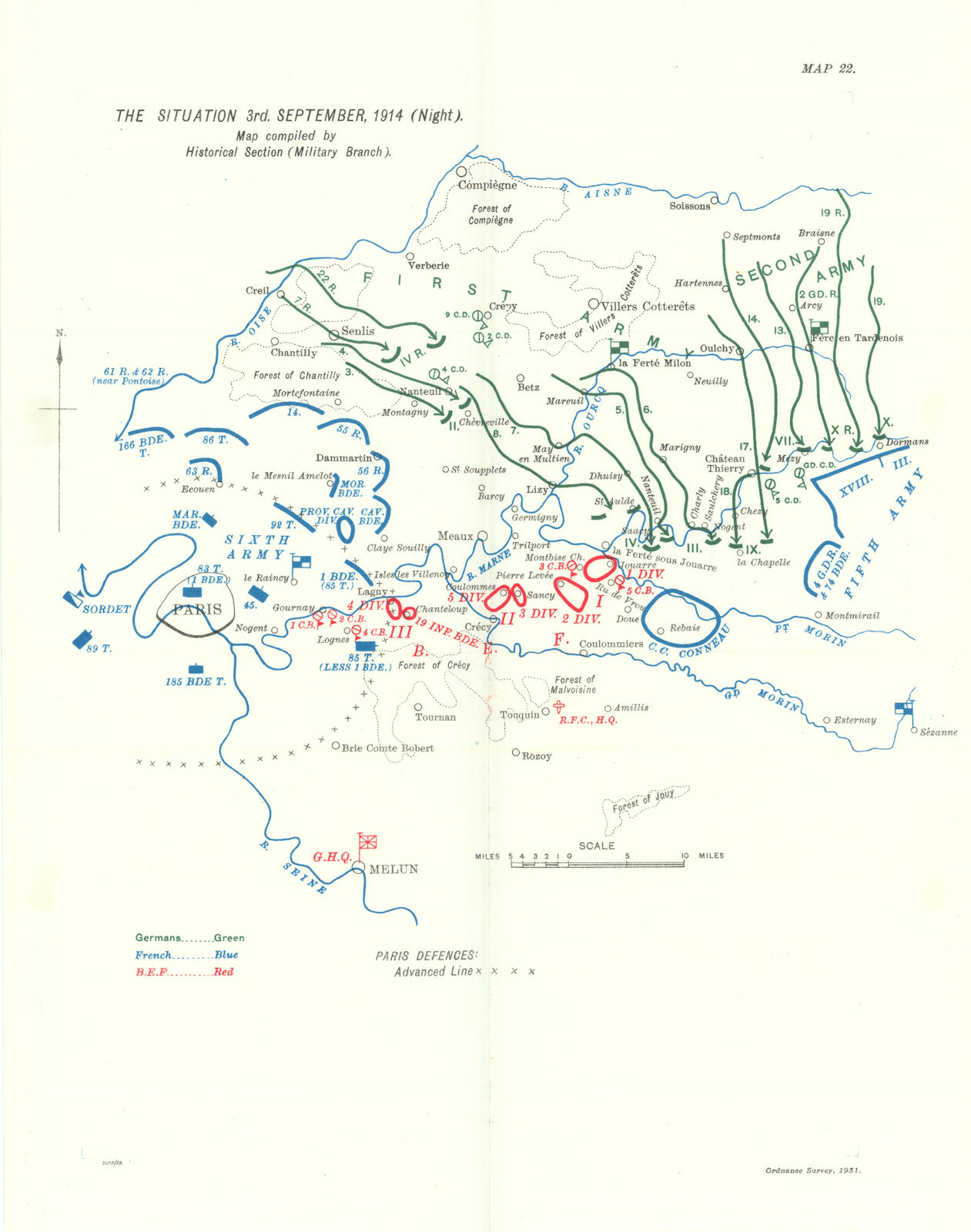 Great Retreat. Western Front 3rd September 1914 night. First World War. 1933 map