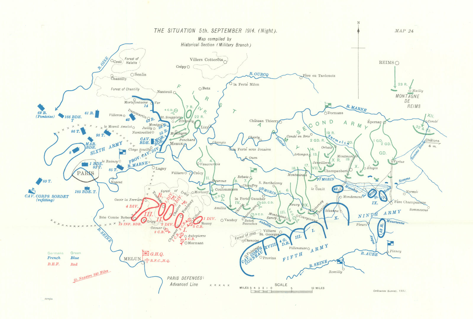 Battle of the Marne. Situation 5th September, 1914. night. WW1. 1933 old map