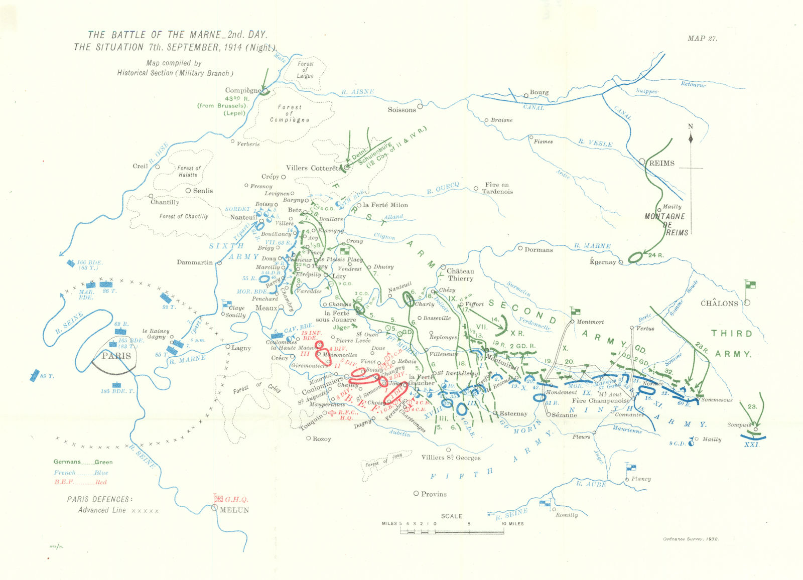 Battle of the Marne. Situation 7th September. 1914. night. WW1. 1933 old map