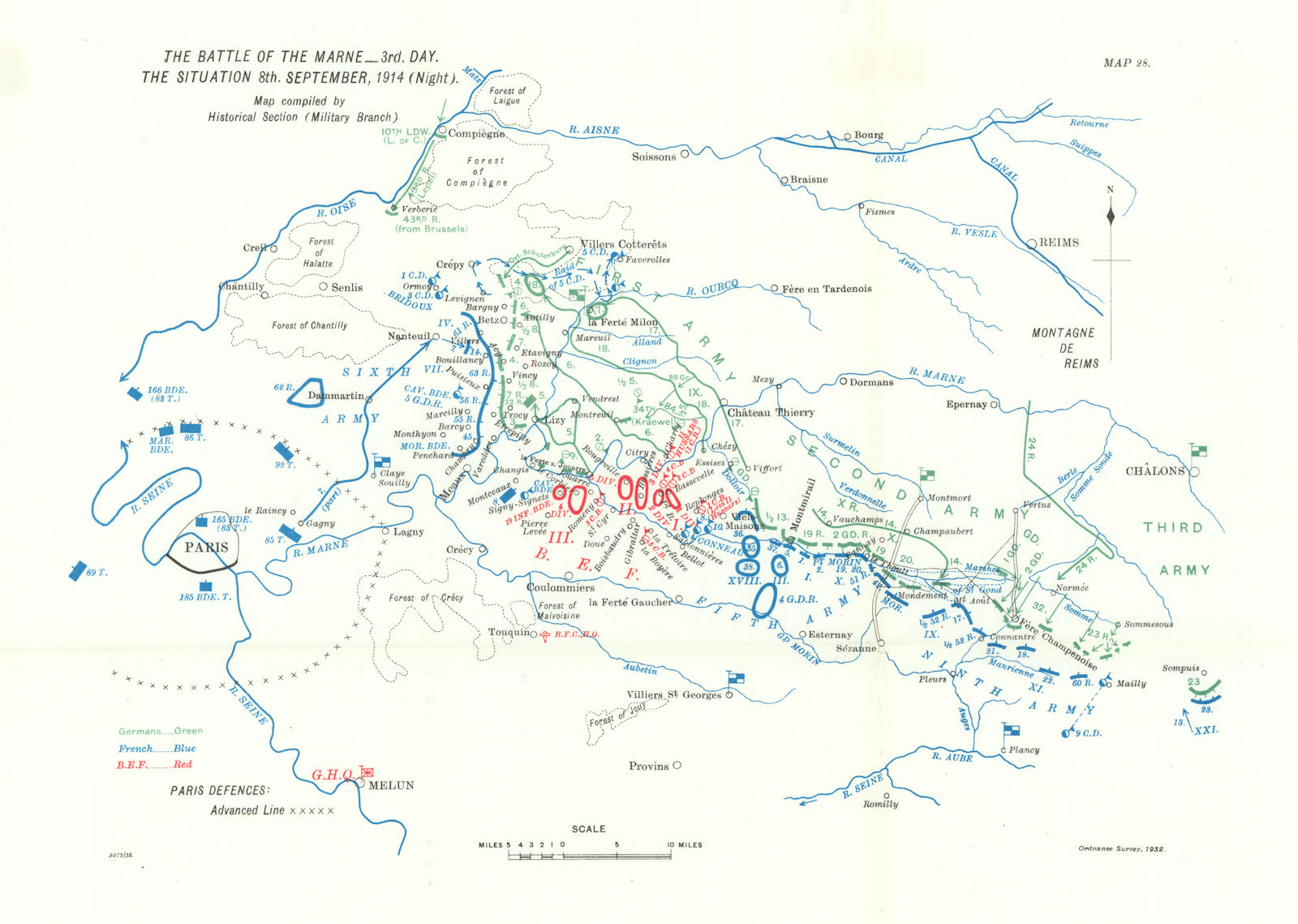 Battle of the Marne. Situation 8th September. 1914. night. WW1. 1933 old map