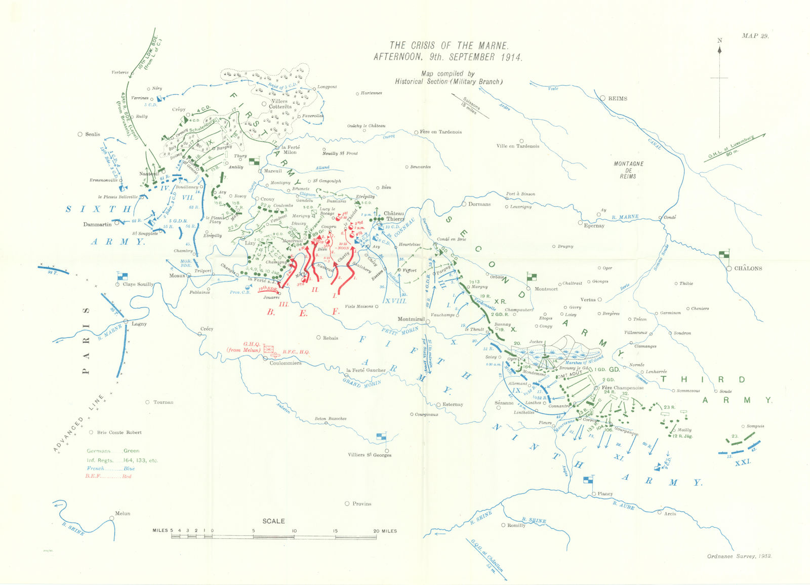Crisis of Marne. Afternoon, 9th September 1914. Battle of Marne. WW1. 1933 map