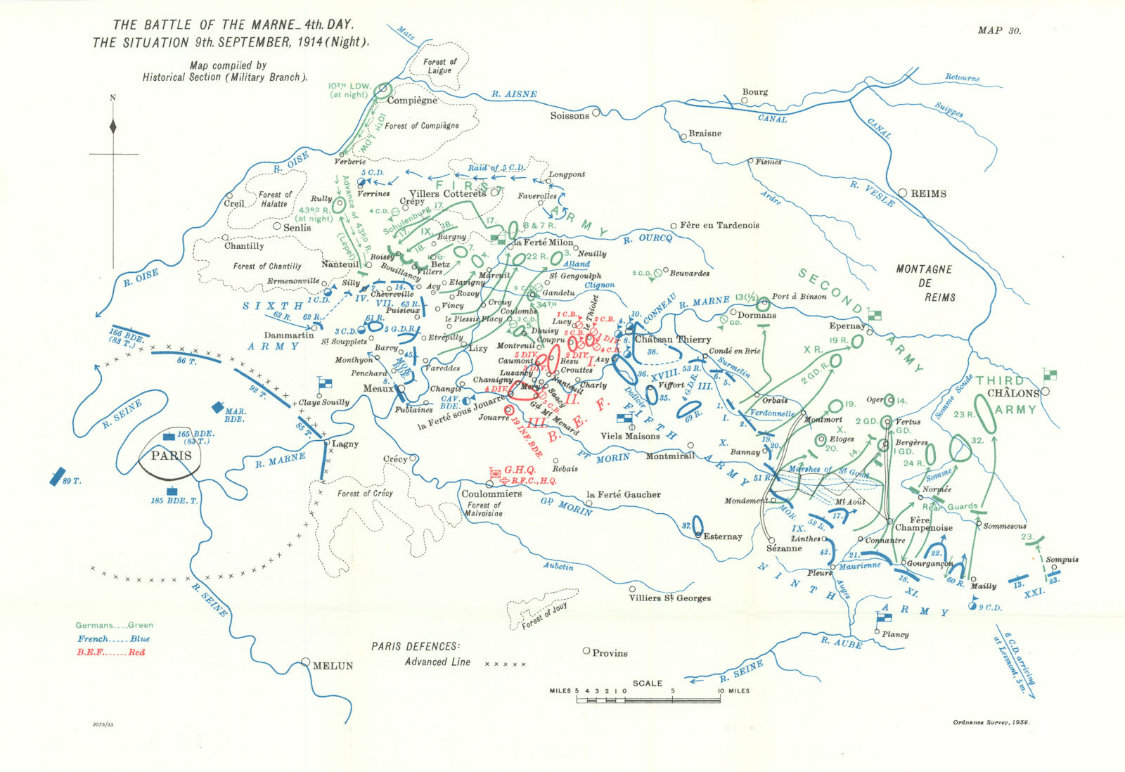 Battle of the Marne. Situation 9th September, 1914 night. WW1. 1933 old map