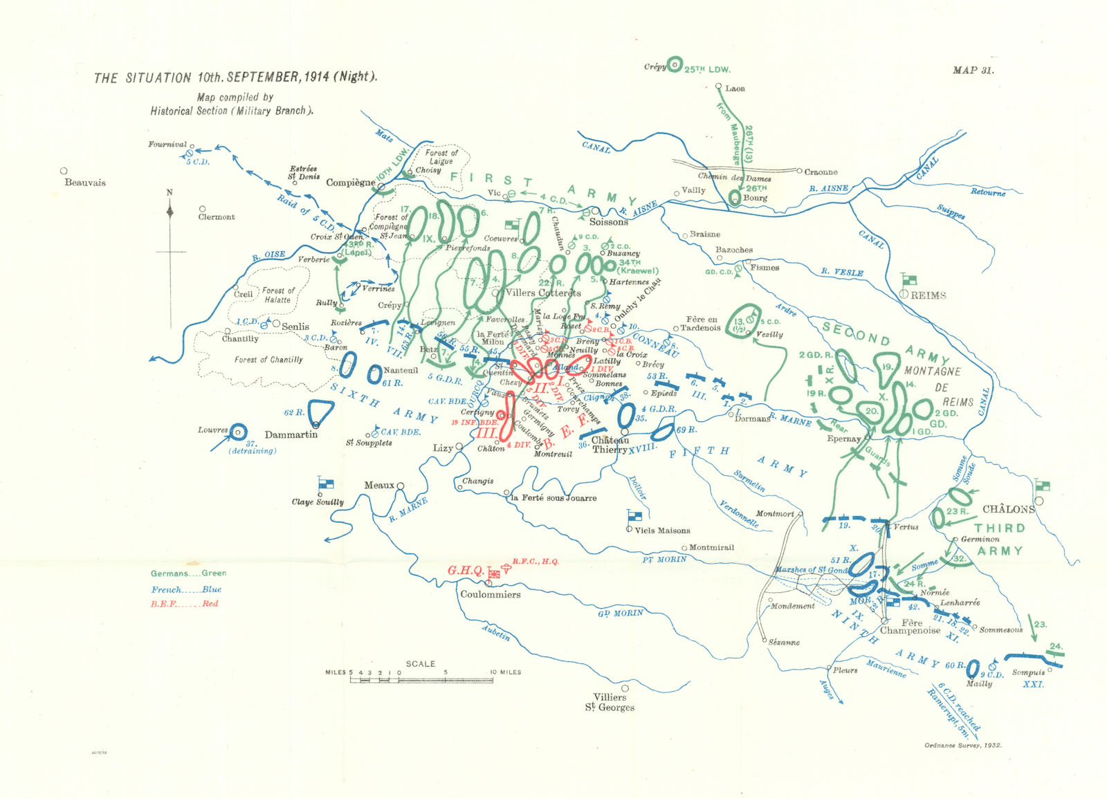 Battle of the Marne. Situation 10th September, 1914 night. WW1. 1933 old map
