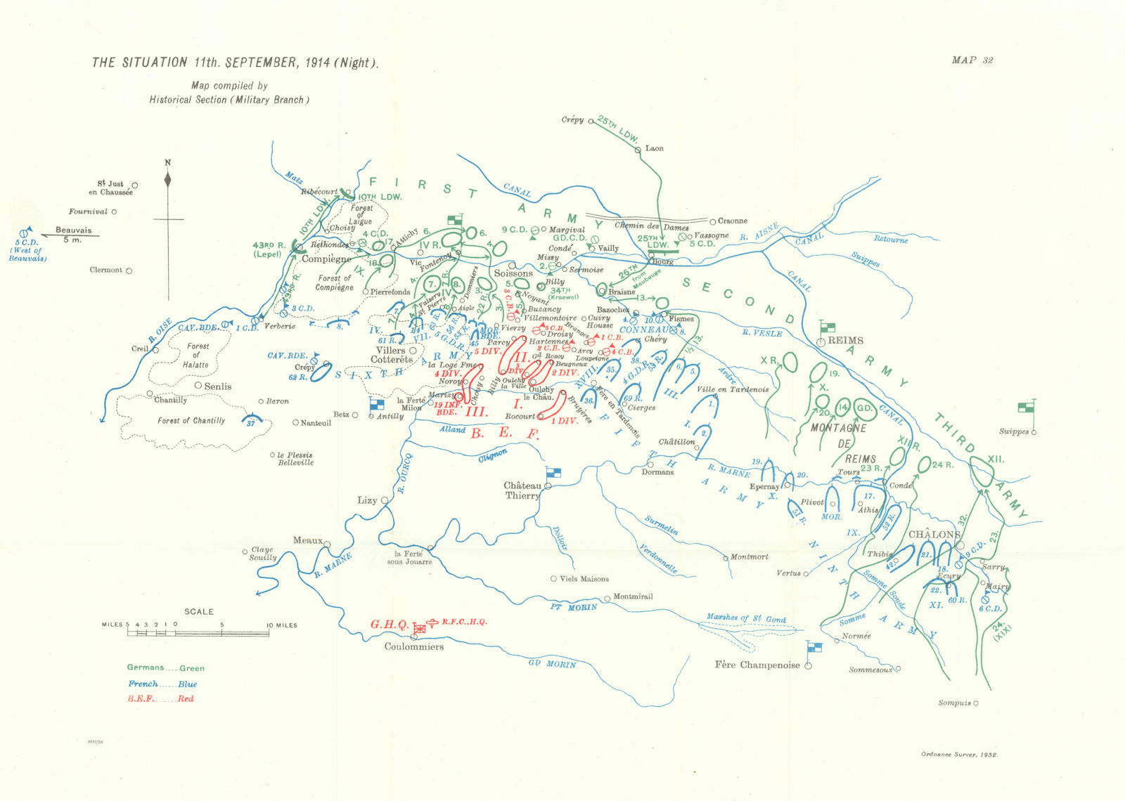Battle of the Marne. Situation 11th September, 1914 night. WW1. 1933 old map