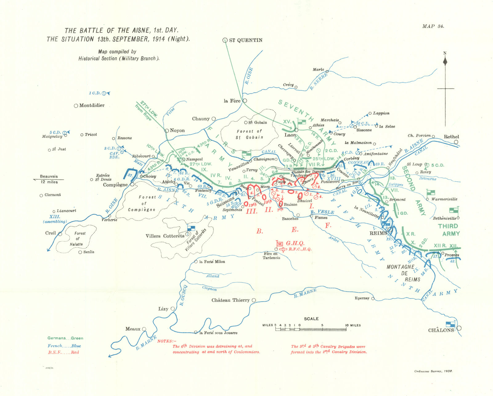 Battle of the Aisne, 13th September 1914 night. First World War. 1933 old map