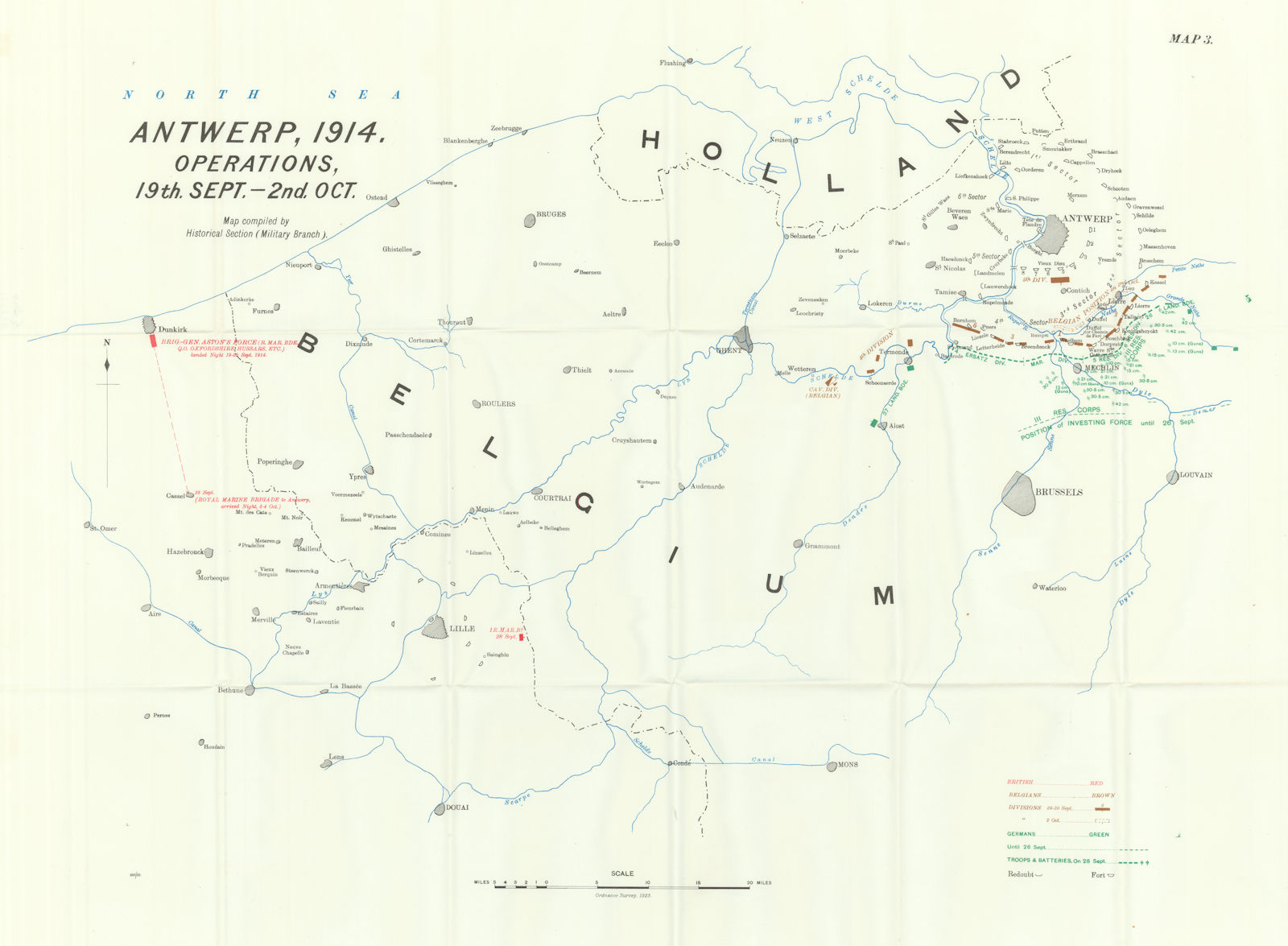 Battle of Antwerp, 1914. Operations 19th Sept-2nd Oct. First World War. 1933 map