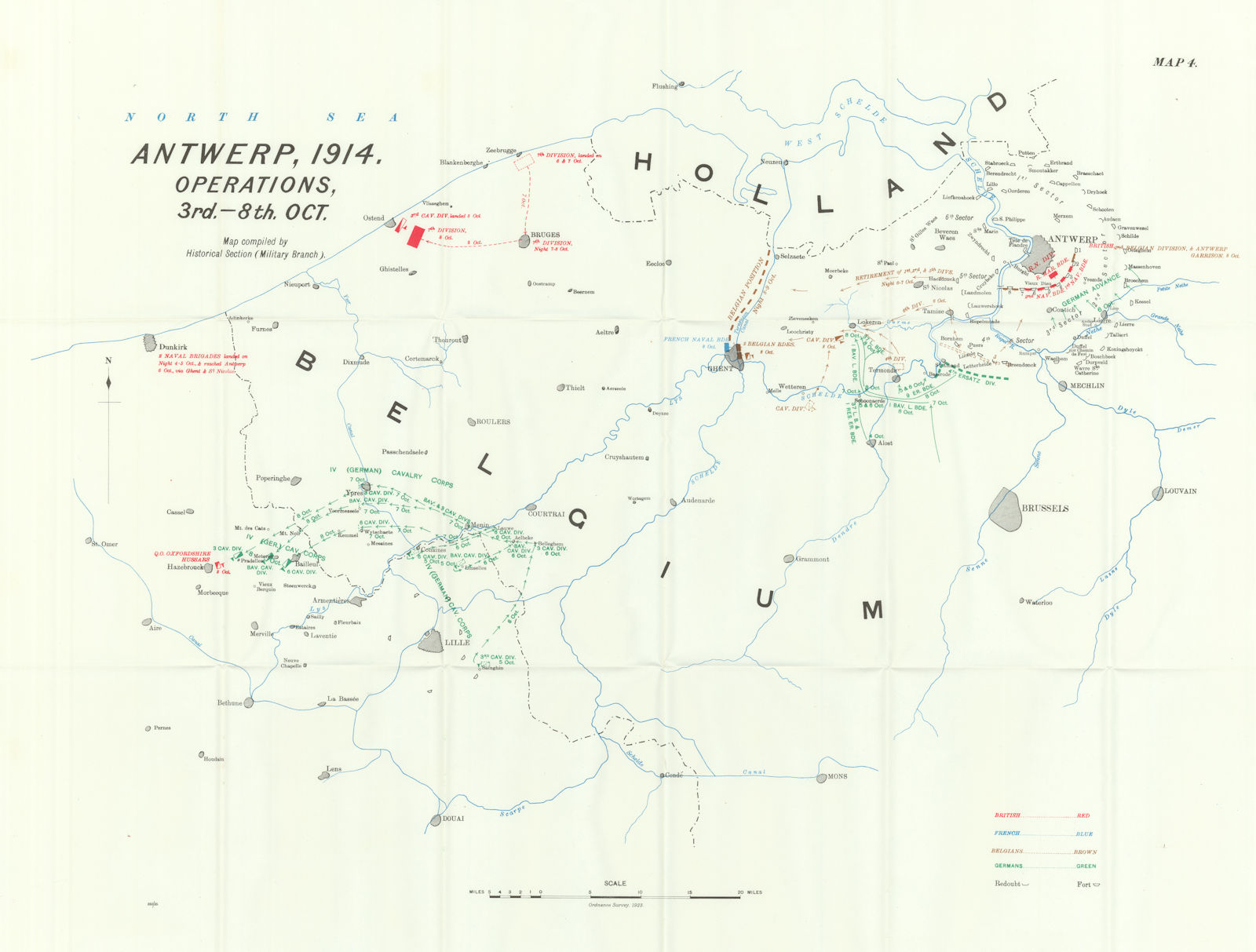 Battle of Antwerp, 1914. Operations, 3rd Oct-8th Oct. First World War. 1933 map