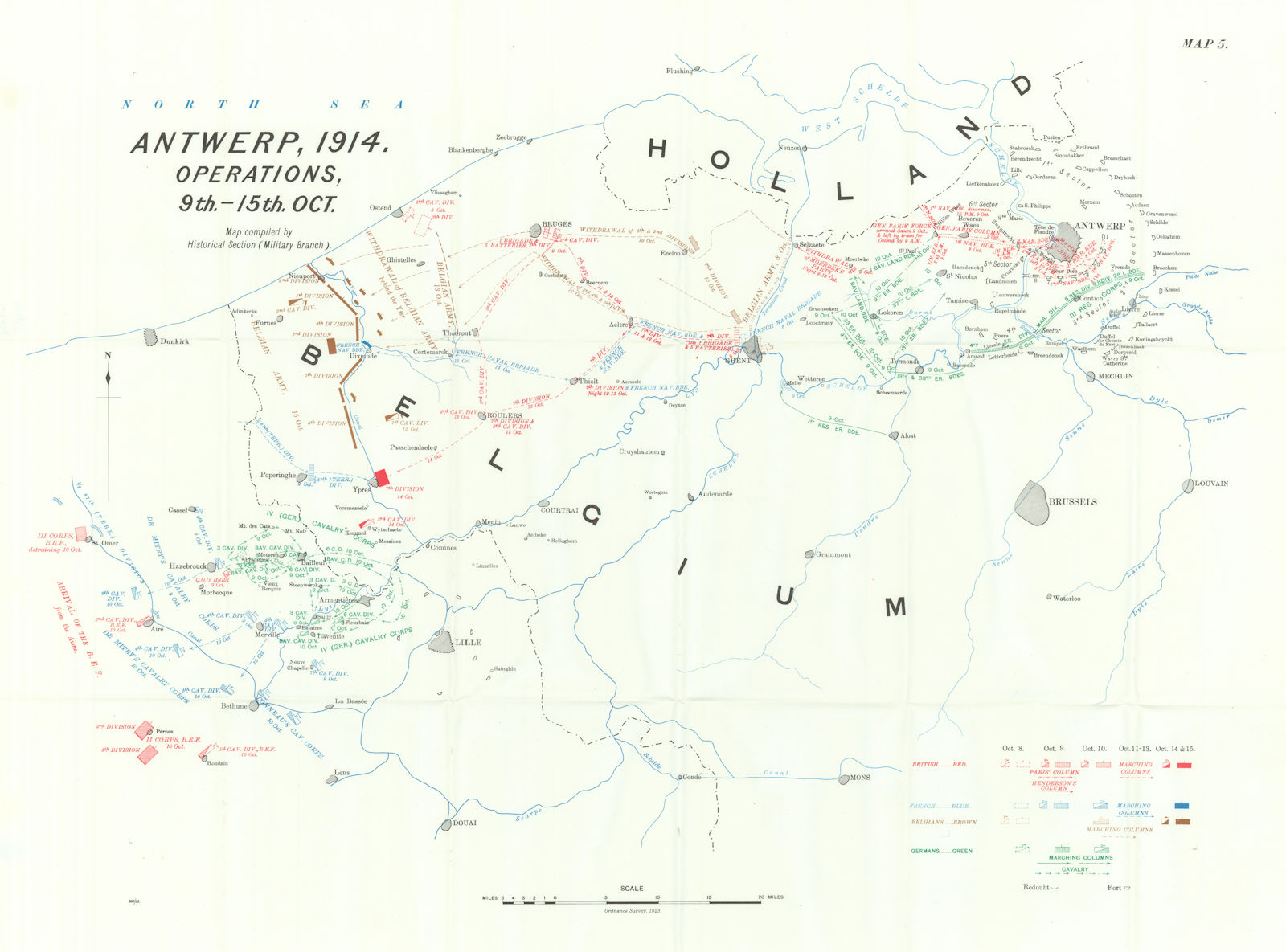 Battle of Antwerp, 1914. Operations, 9th-15th Oct. First World War. 1933 map