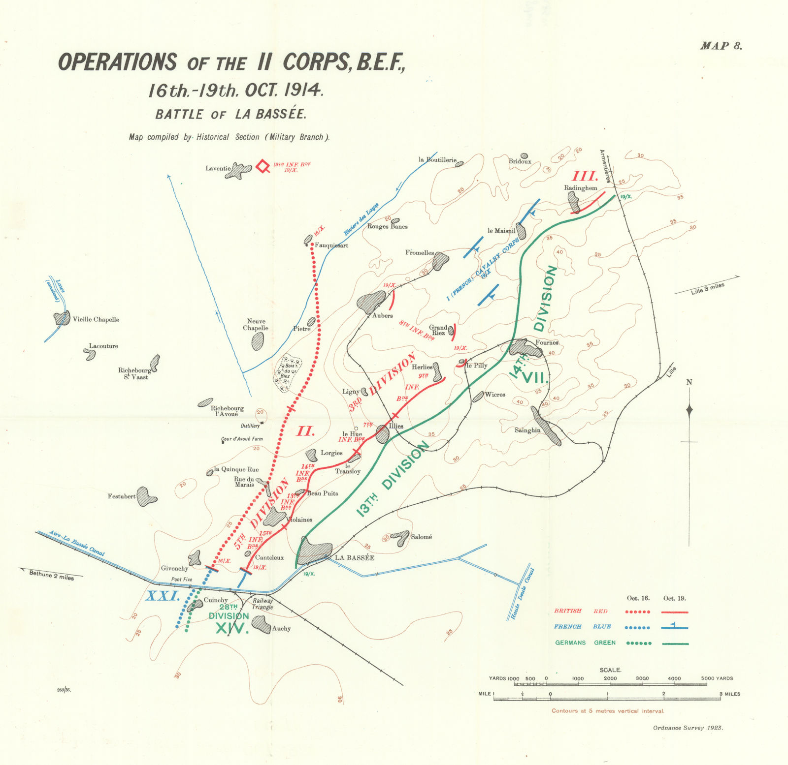 Operations of II Corps B.E.F. 16-19th Oct, 1914. Battle of La Bassée 1933 map