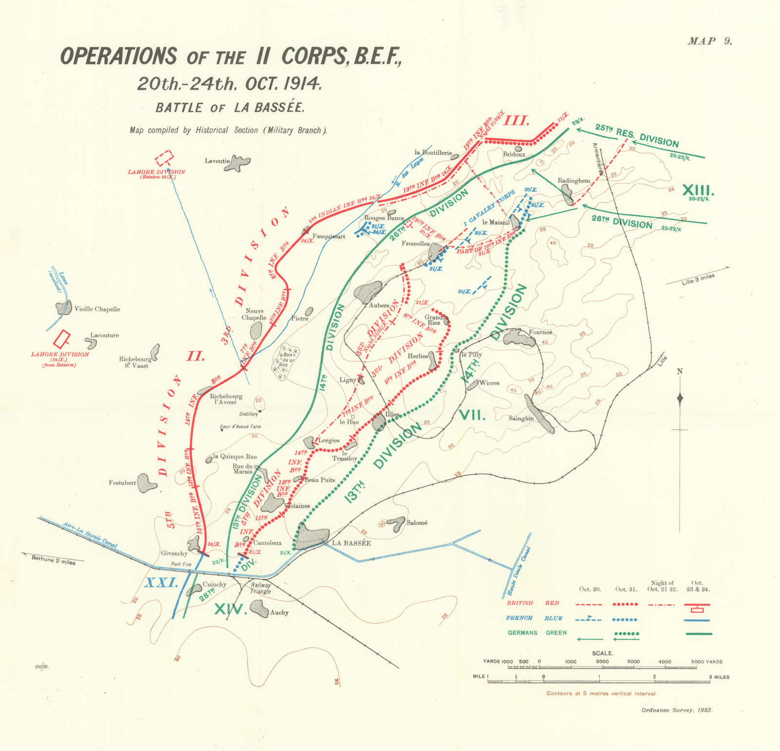 Operations of II Corps B.E.F. 20-24th Oct, 1914. Battle of La Bassée 1933 map
