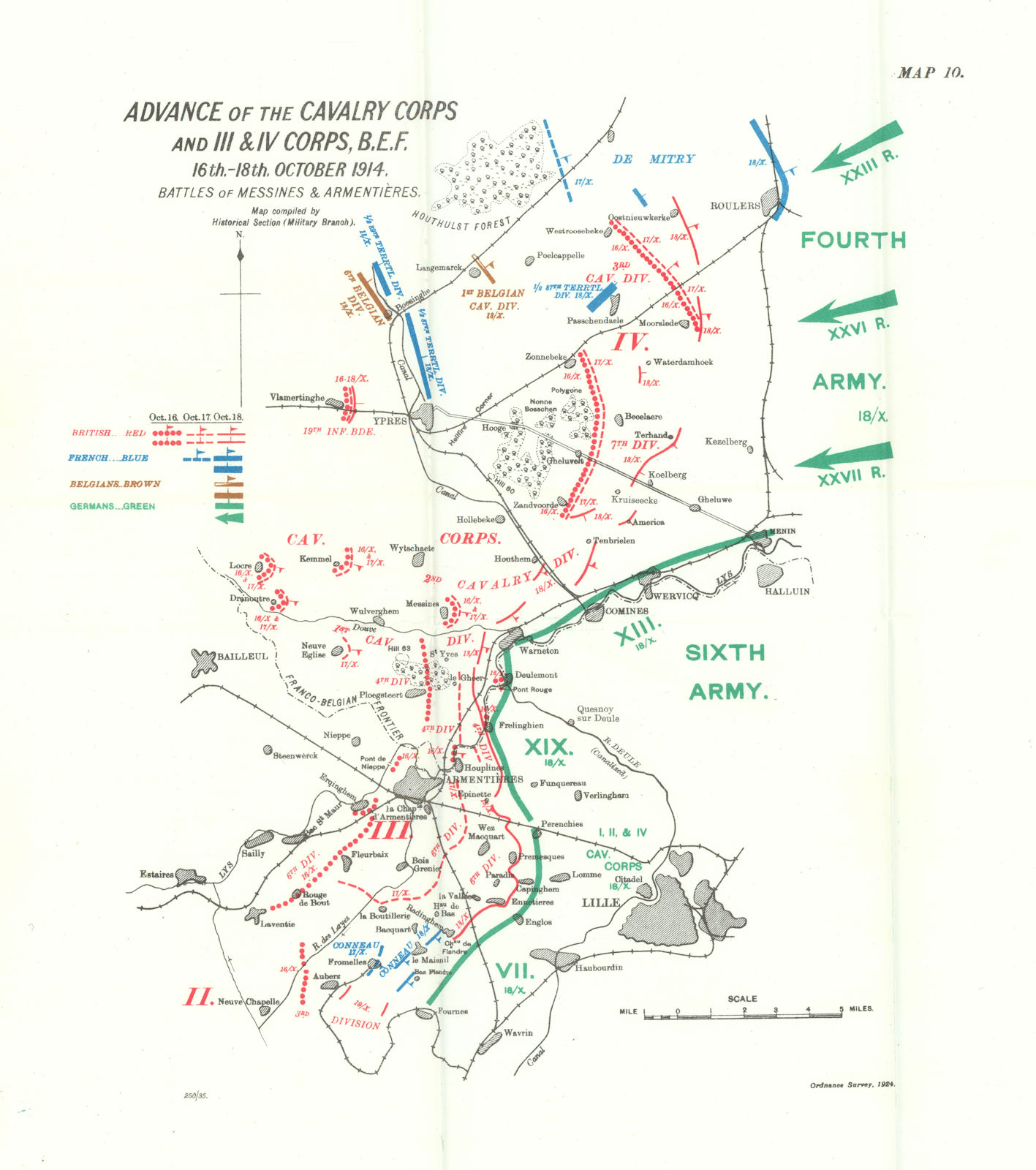 Battles of Messines & Armentières. Advance 16-18th October 1914. WW1. 1933 map