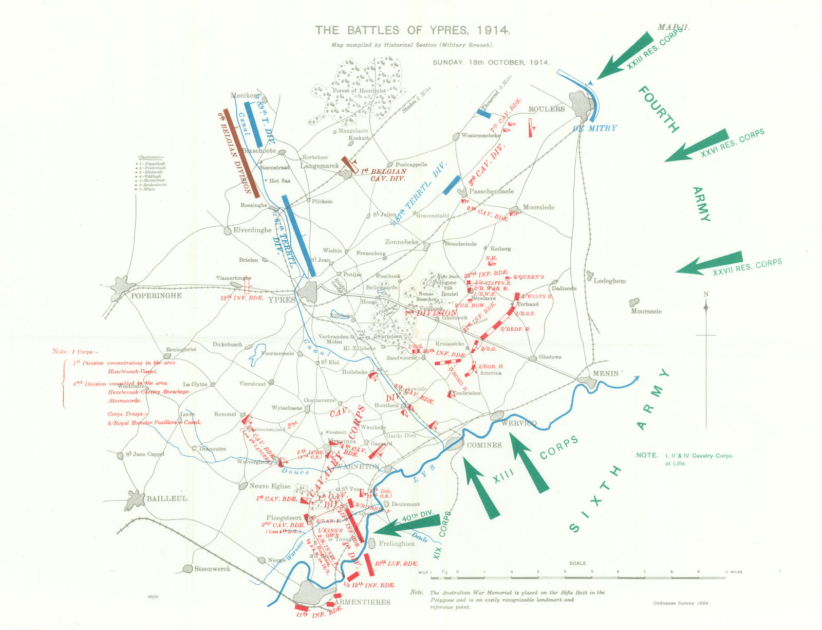 Battle of Ypres, 18th October 1914. First World War. 1933 old vintage map