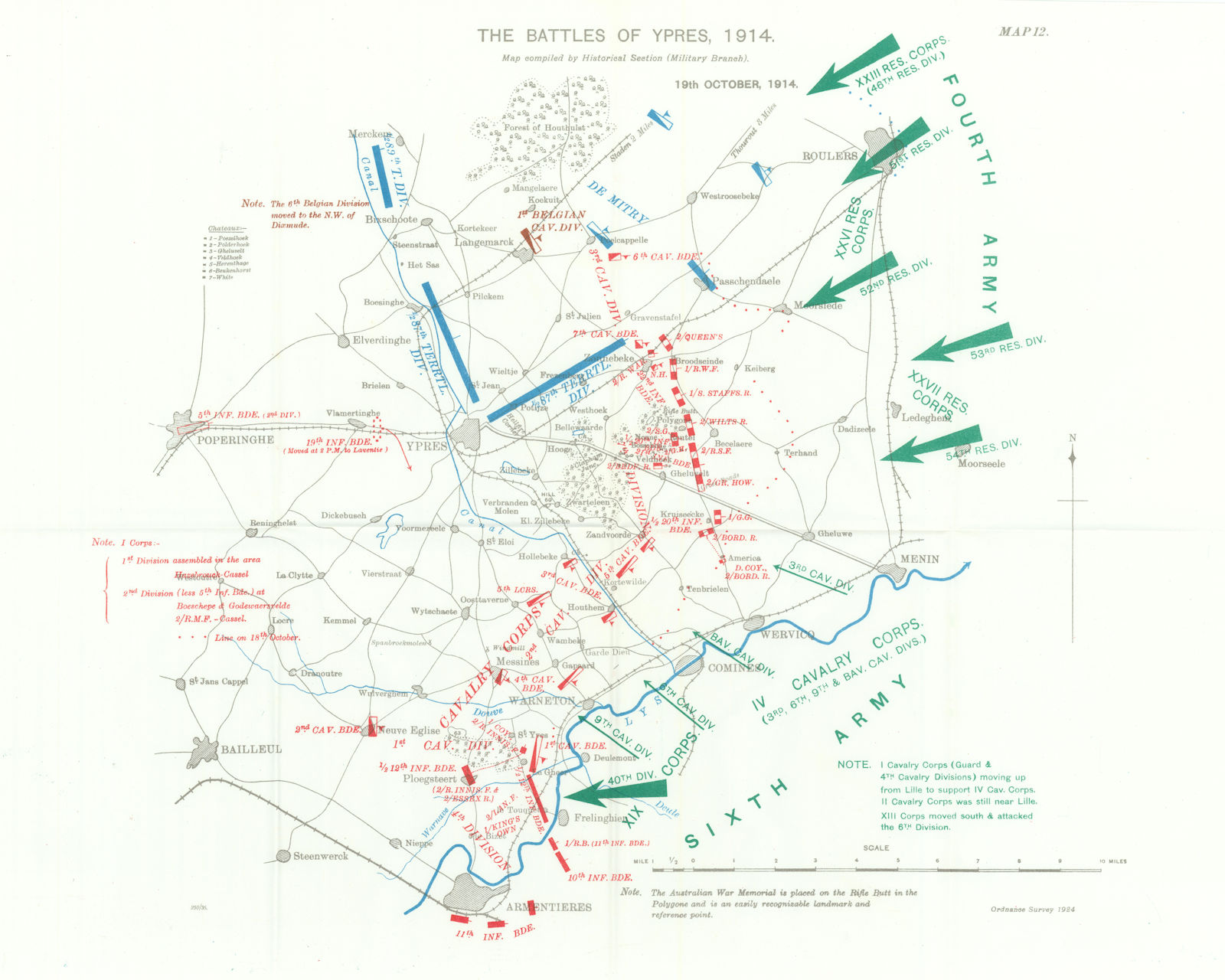 Battle of Ypres 1914. 19th October 1914. First World War. 1933 old vintage map