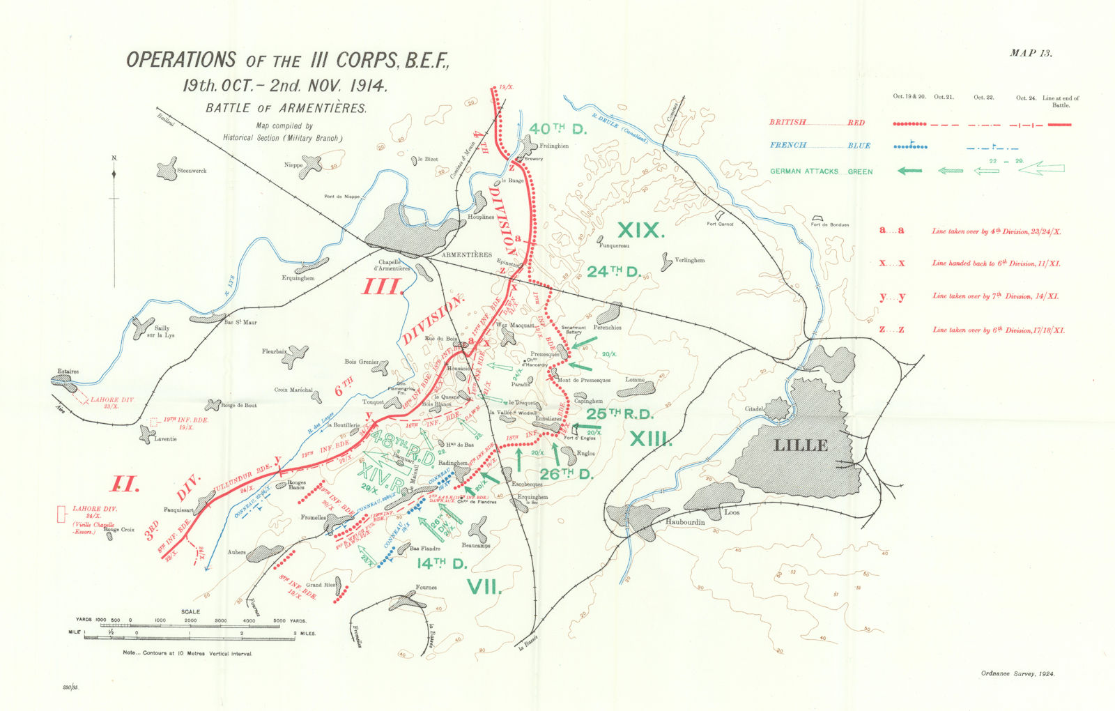 Battle of Armentières. III Corps B.E.F. 19th Oct-2nd Nov, 1914. WW1. 1933 map