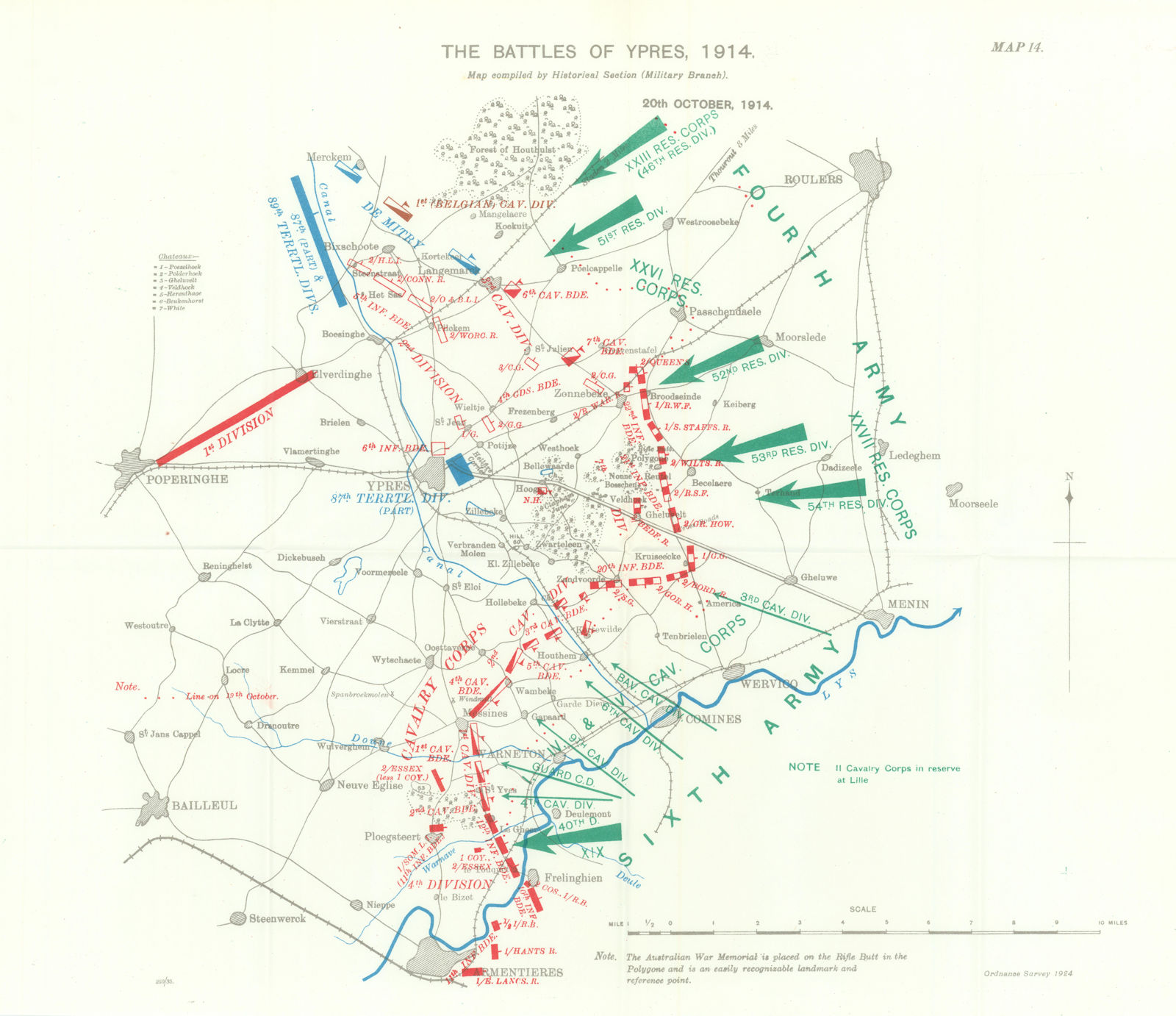 Battle of Ypres 1914. 20th October 1914. First World War. 1933 old vintage map