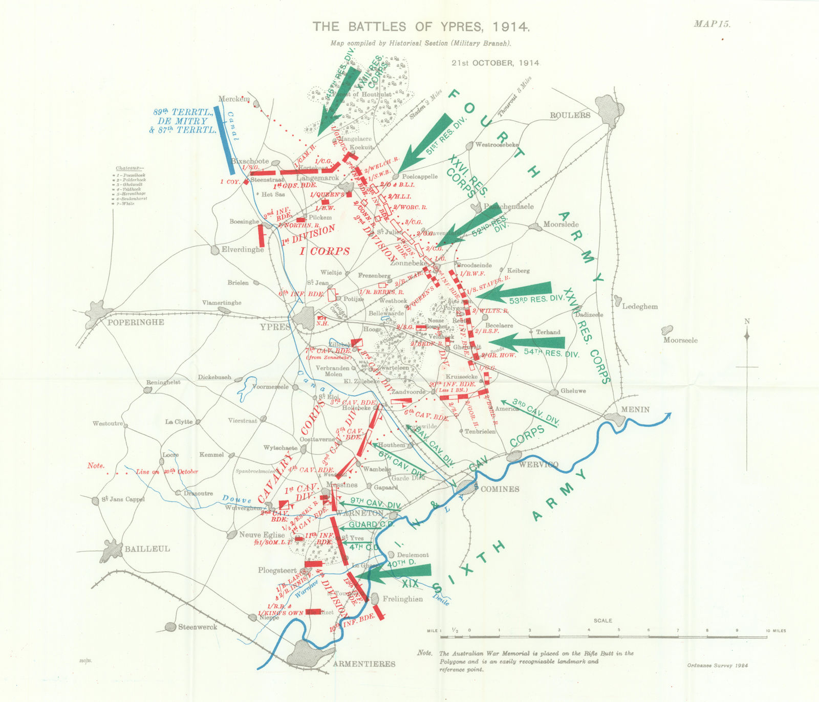 Battle of Ypres 1914. 21st October 1914. First World War. 1933 old vintage map