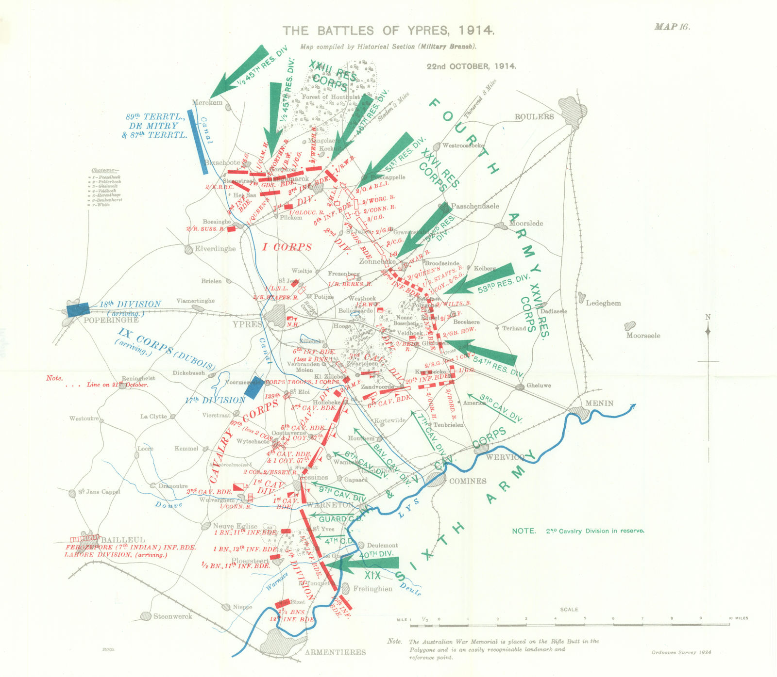 Battle of Ypres 1914. 22nd October 1914. First World War. 1933 old vintage map