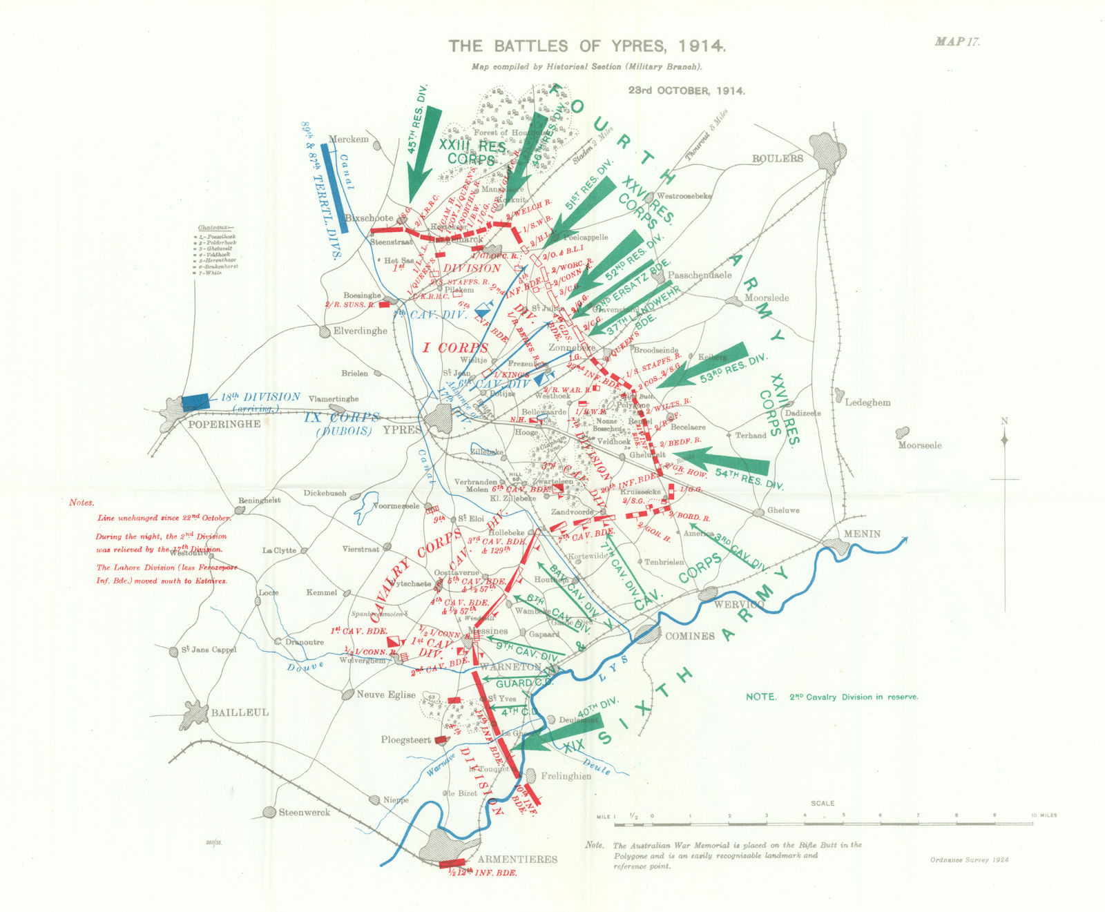 Battle of Ypres 1914. 23rd October 1914. First World War. 1933 old vintage map