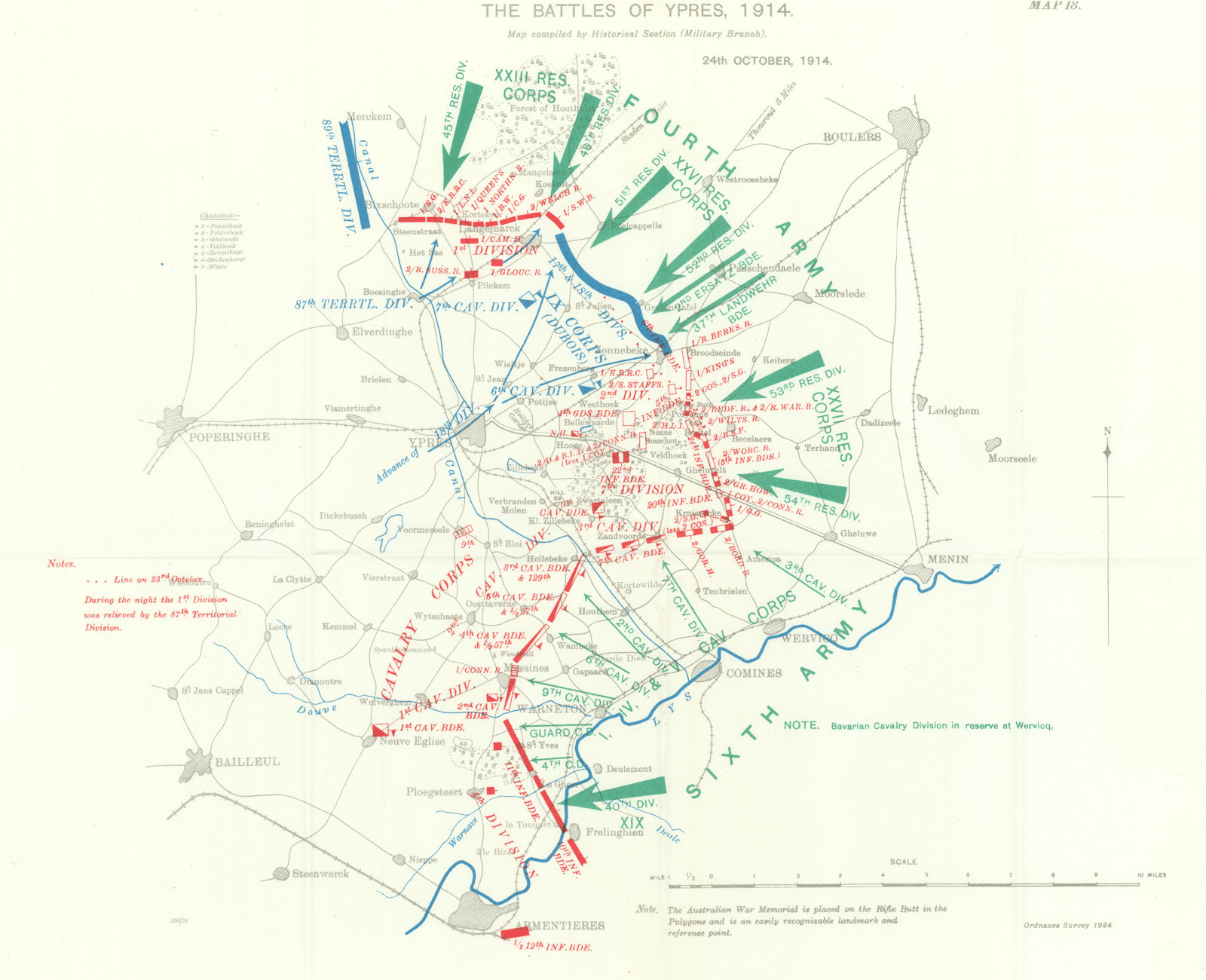 Battle of Ypres 1914. 24th October 1914. First World War. 1933 old vintage map