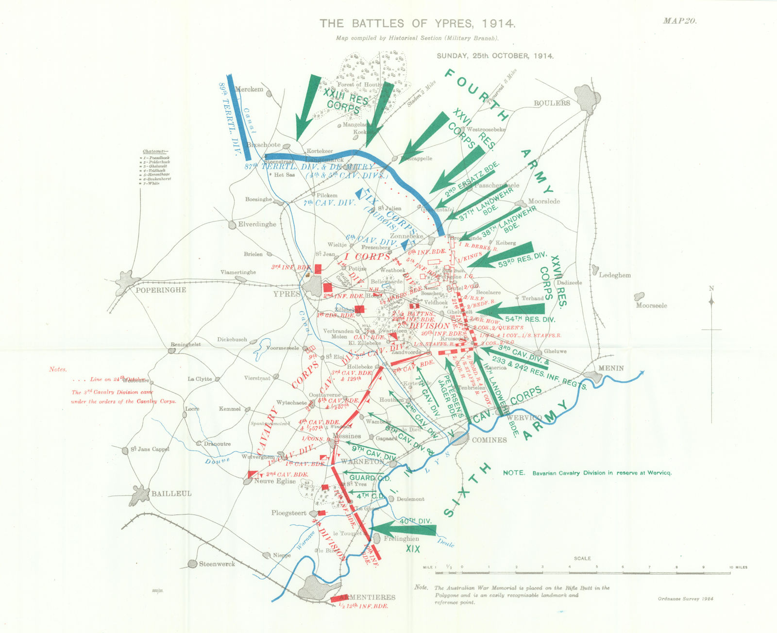 Battle of Ypres 1914. 25th October 1914. First World War. 1933 old vintage map