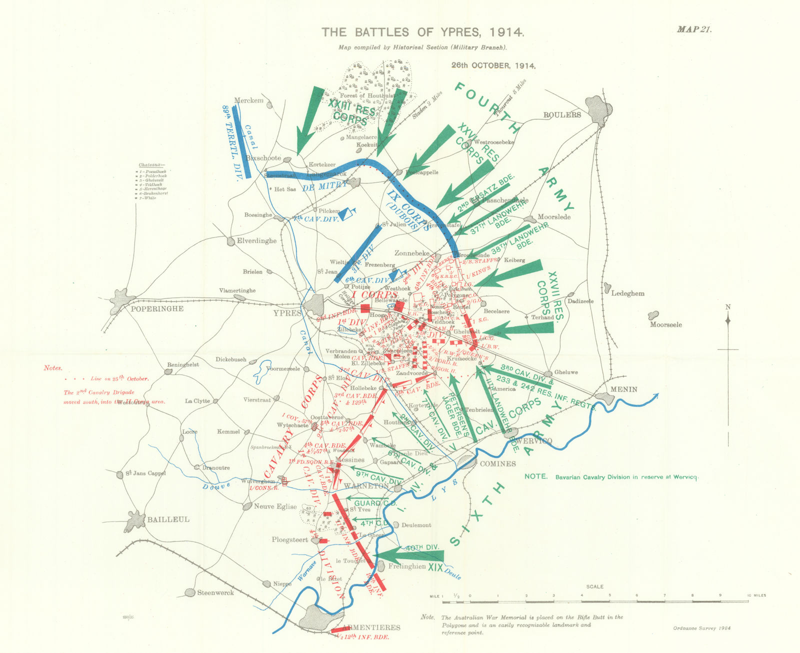 Battle of Ypres 1914. 26th October 1914. First World War. 1933 old vintage map