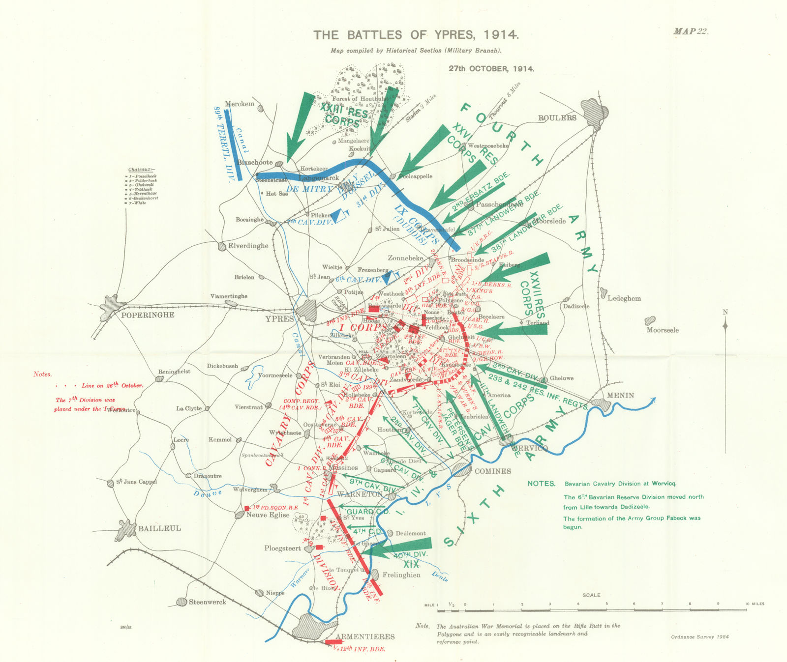 Battle of Ypres 1914. 27th October 1914. First World War. 1933 old vintage map