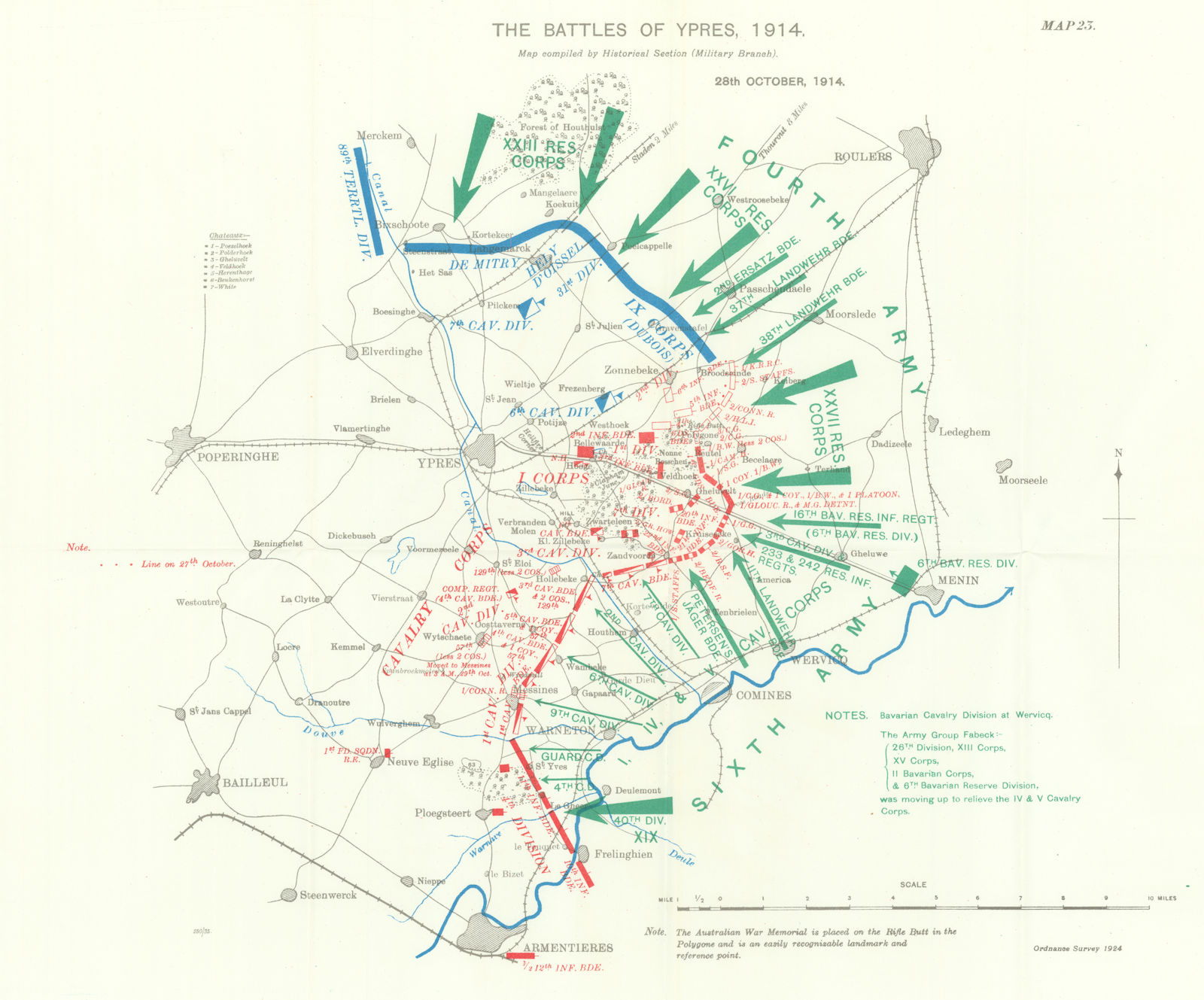 Battle of Ypres 1914. 28th October 1914. First World War. 1933 old vintage map