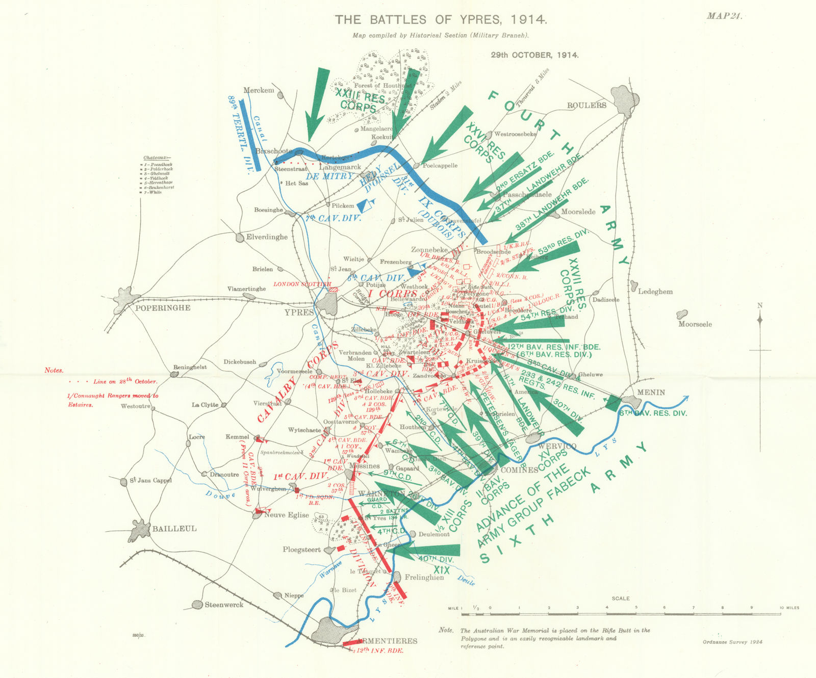 Battle of Ypres 1914. 29th October 1914. First World War. 1933 old vintage map