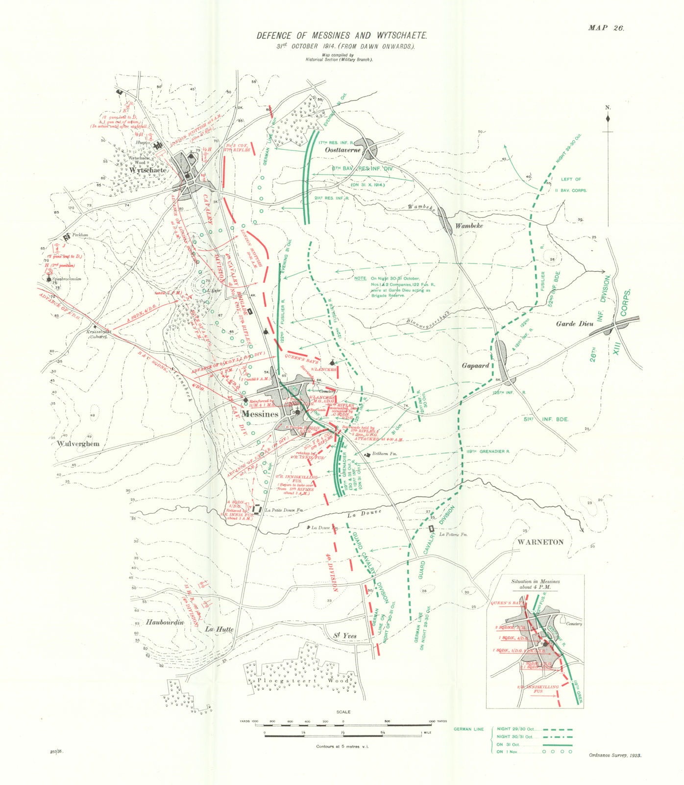 Associate Product Defence of Messines & Wytschaete, 31st October 1914 from dawn. WW1. 1933 map