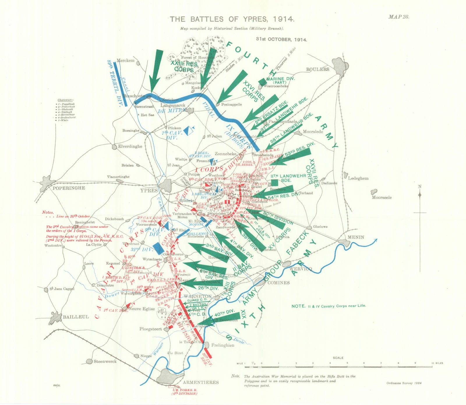 Battle of Ypres 1914. 31st October 1914. First World War. 1933 old vintage map