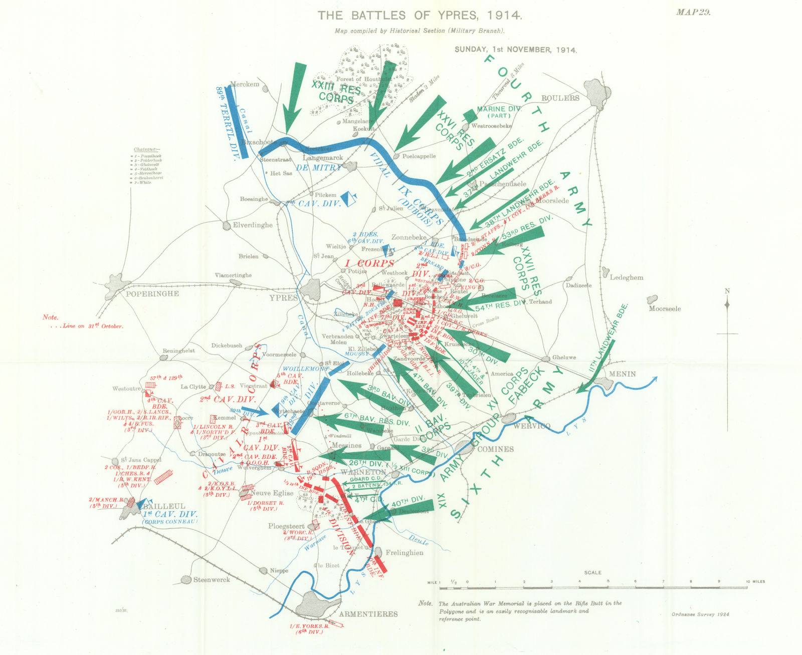 Associate Product Battle of Ypres, 1st November, 1914. First World War. 1933 old vintage map