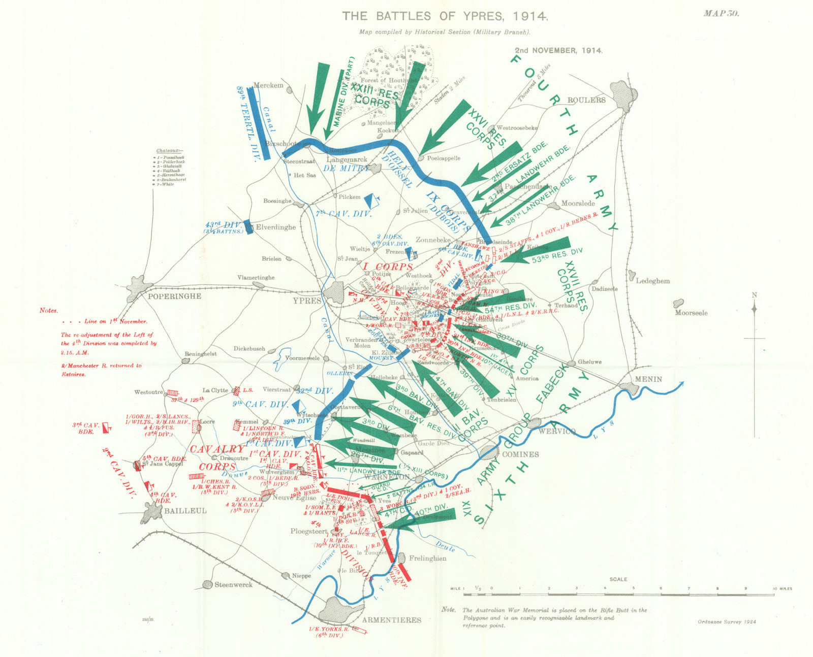 Battle of Ypres 1914. 2nd November, 1914. First World War. 1933 old map