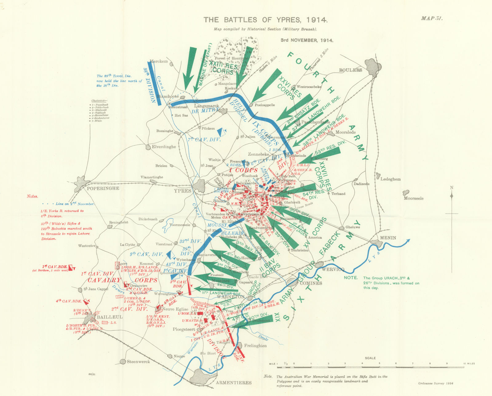 Battle of Ypres 1914. 3rd November, 1914. First World War. 1933 old map