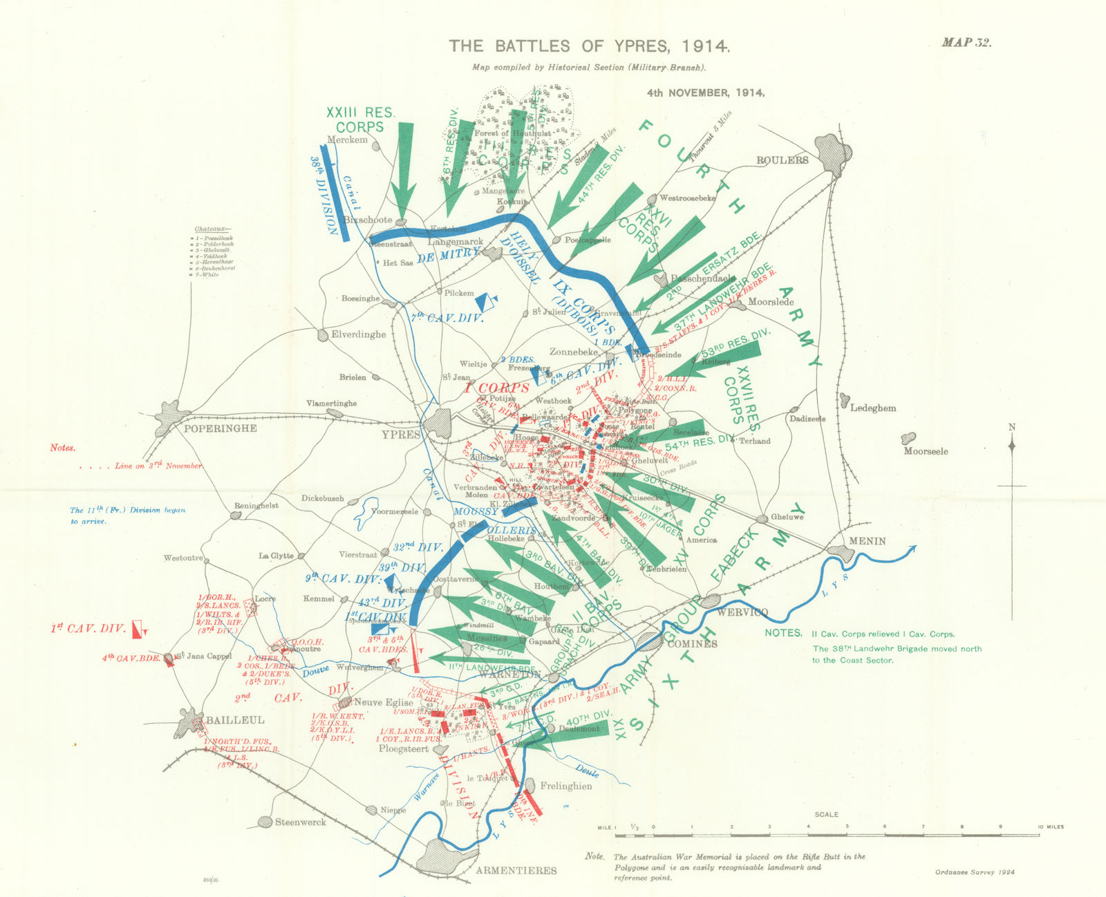 Battle of Ypres 1914. 4th November, 1914. First World War. 1933 old map