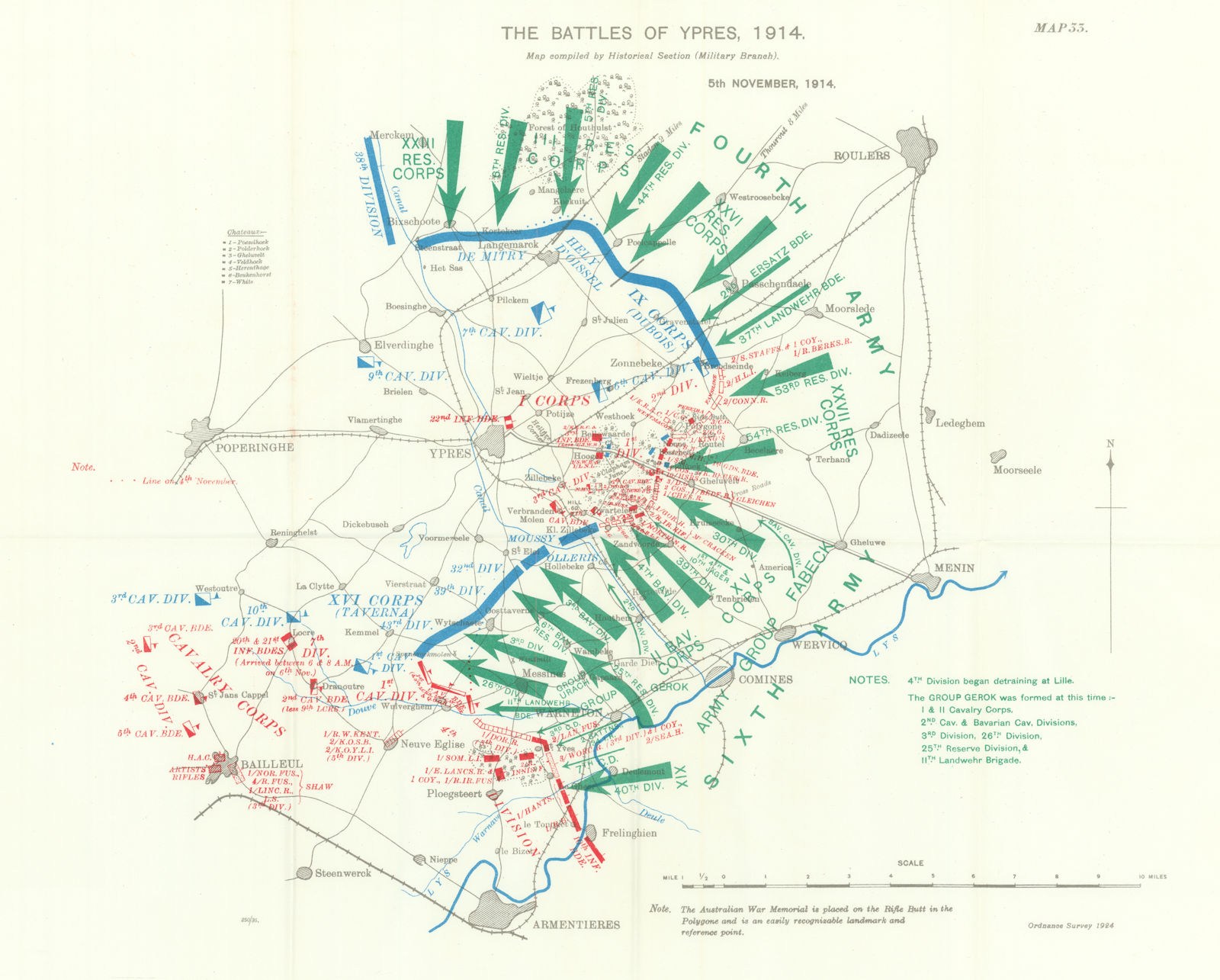 Battle of Ypres 1914. 5th November, 1914. First World War. 1933 old map