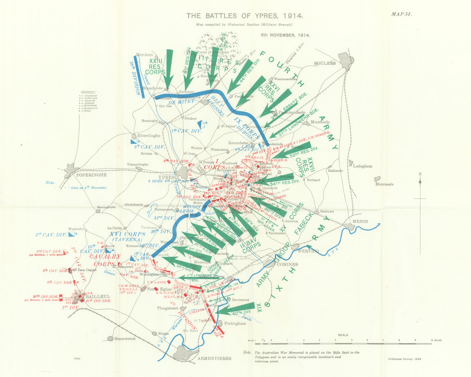 Battle of Ypres 1914. 6th November, 1914. First World War. 1933 old map