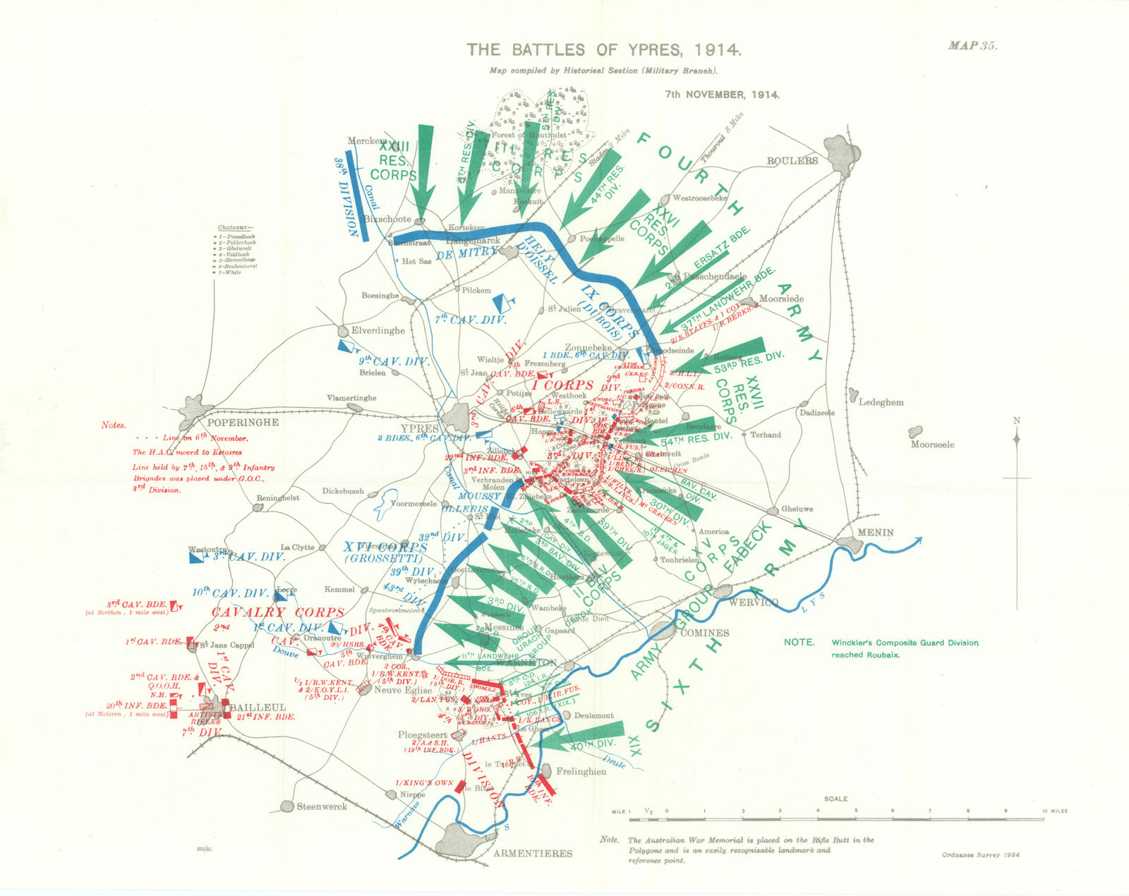 Associate Product Battle of Ypres 1914. 7th November, 1914. First World War. 1933 old map