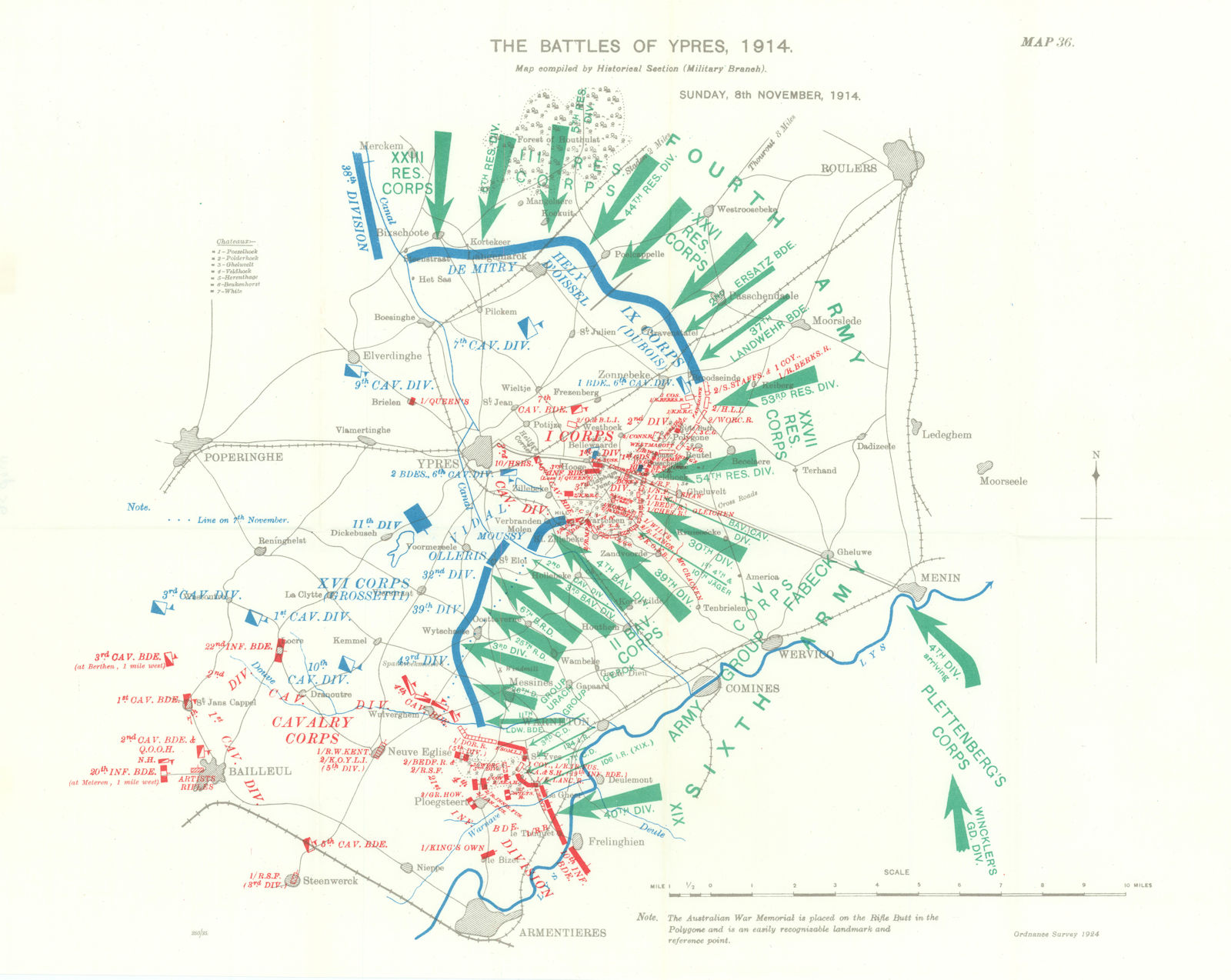 Battle of Ypres, 8th November, 1914. First World War. 1933 old vintage map