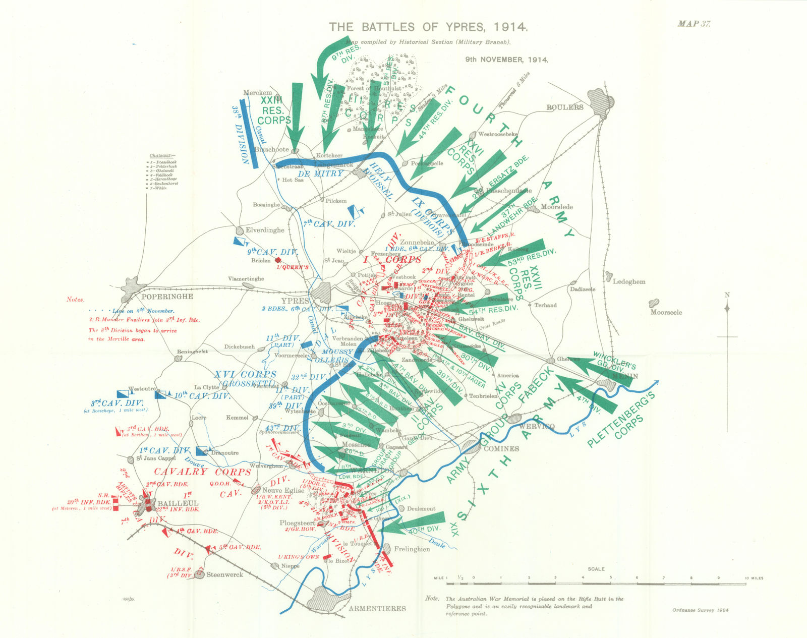 Battle of Ypres 1914. 9th November, 1914. First World War. 1933 old map