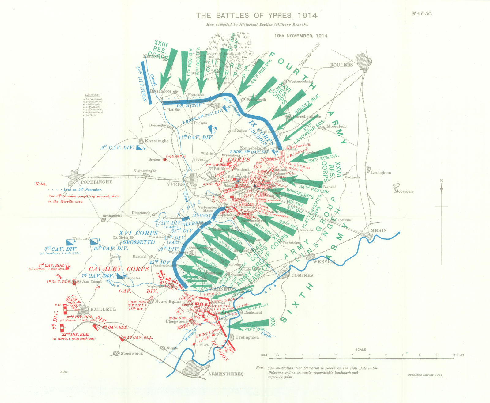 Battle of Ypres 1914. 10th November, 1914. First World War. 1933 old map