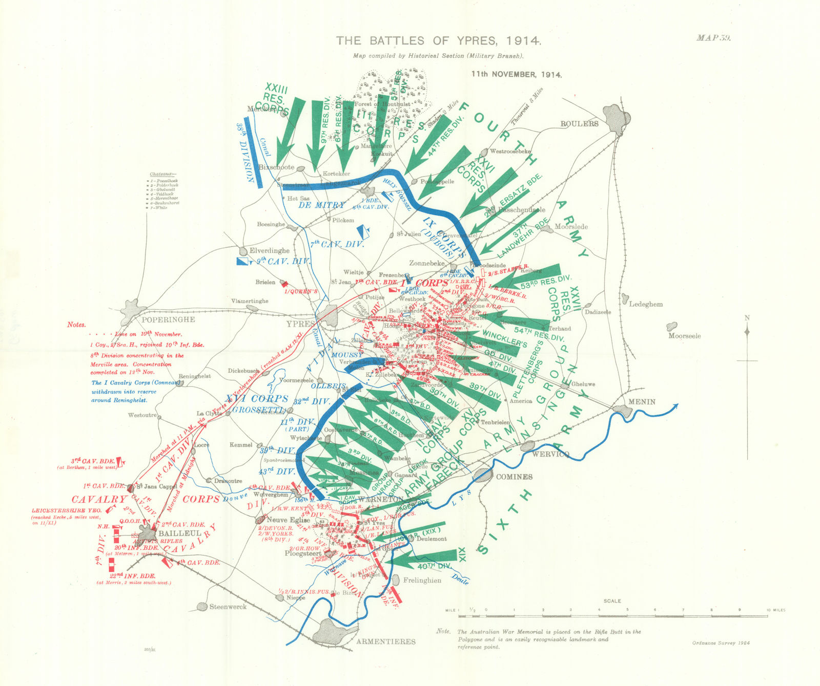 Battle of Ypres 1914. 11th November, 1914. First World War. 1933 old map