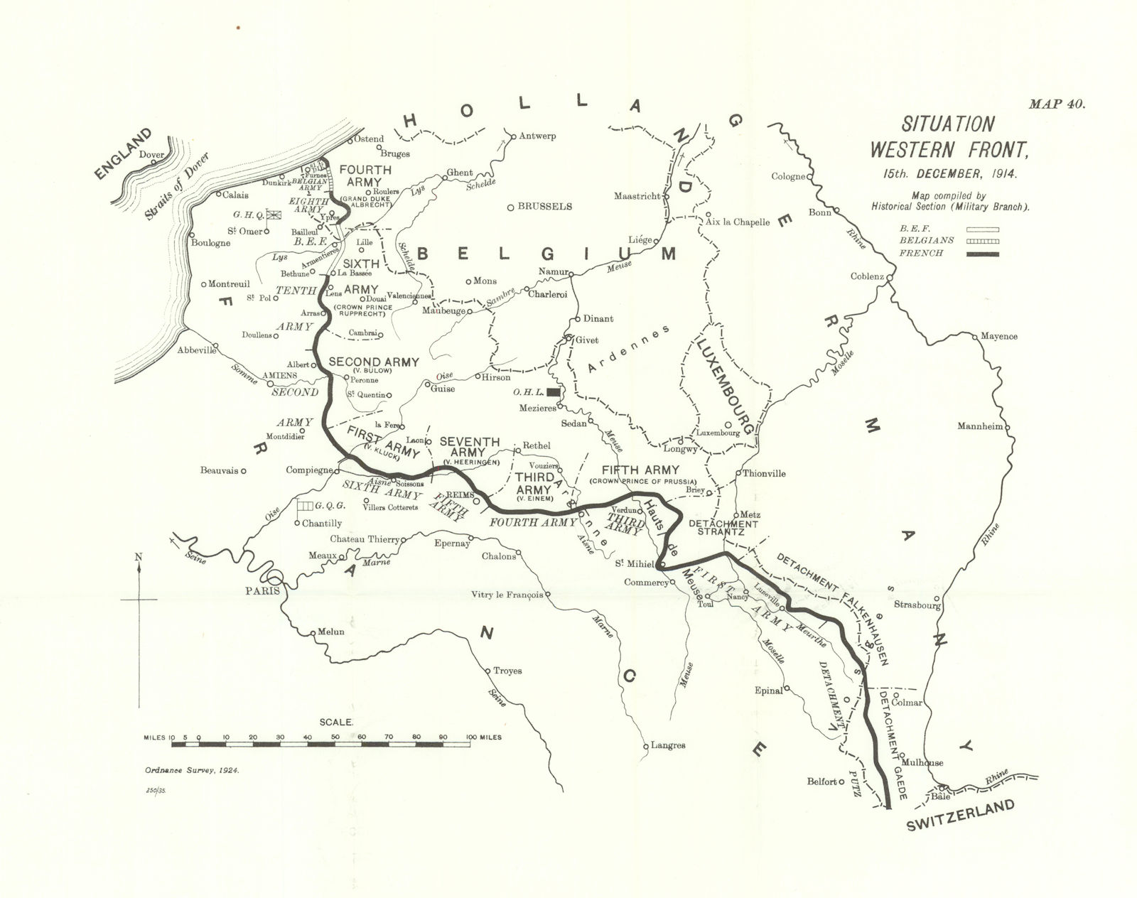 Associate Product Situation Western Front, 15th December, 1914. First World War. 1933 old map